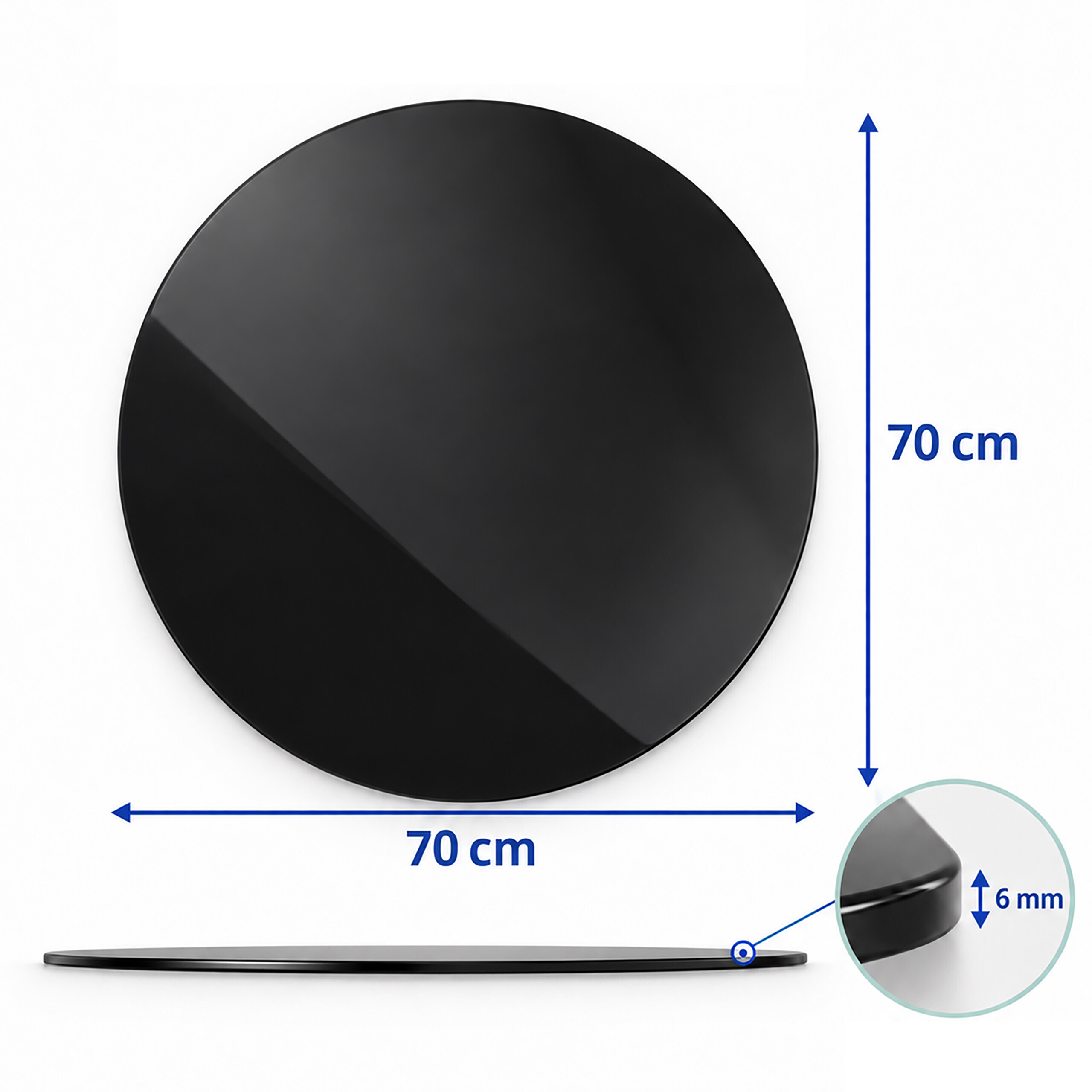Schwarze runde Glasplatte mit 70 cm Durchmesser und 6 mm Dicke gegen weißen Hintergrund.