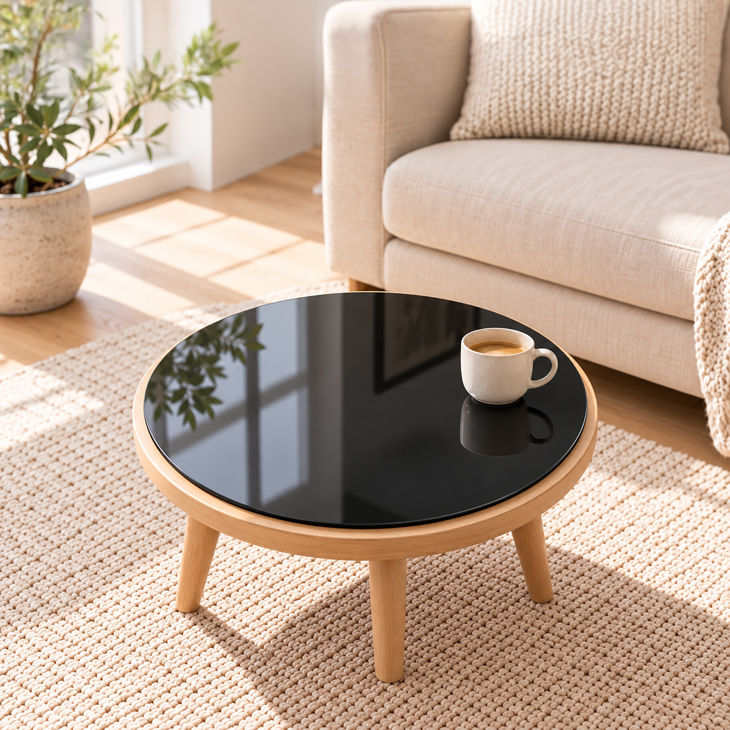 Runder Holz-Couchtisch mit schwarzer Glasplatte und einer Kaffeetasse darauf vor einem hellen Sofa auf einem Teppich.