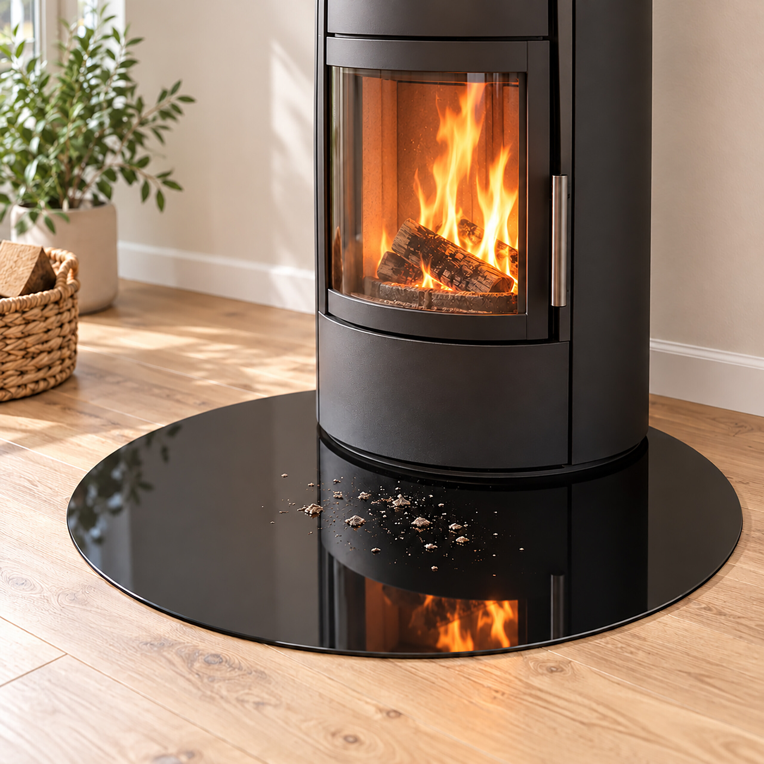 Schwarzer Kamin mit brennendem Feuer auf einer runden Glasplatte auf einem Holzfussboden, mit einer Pflanze im Hintergrund.
