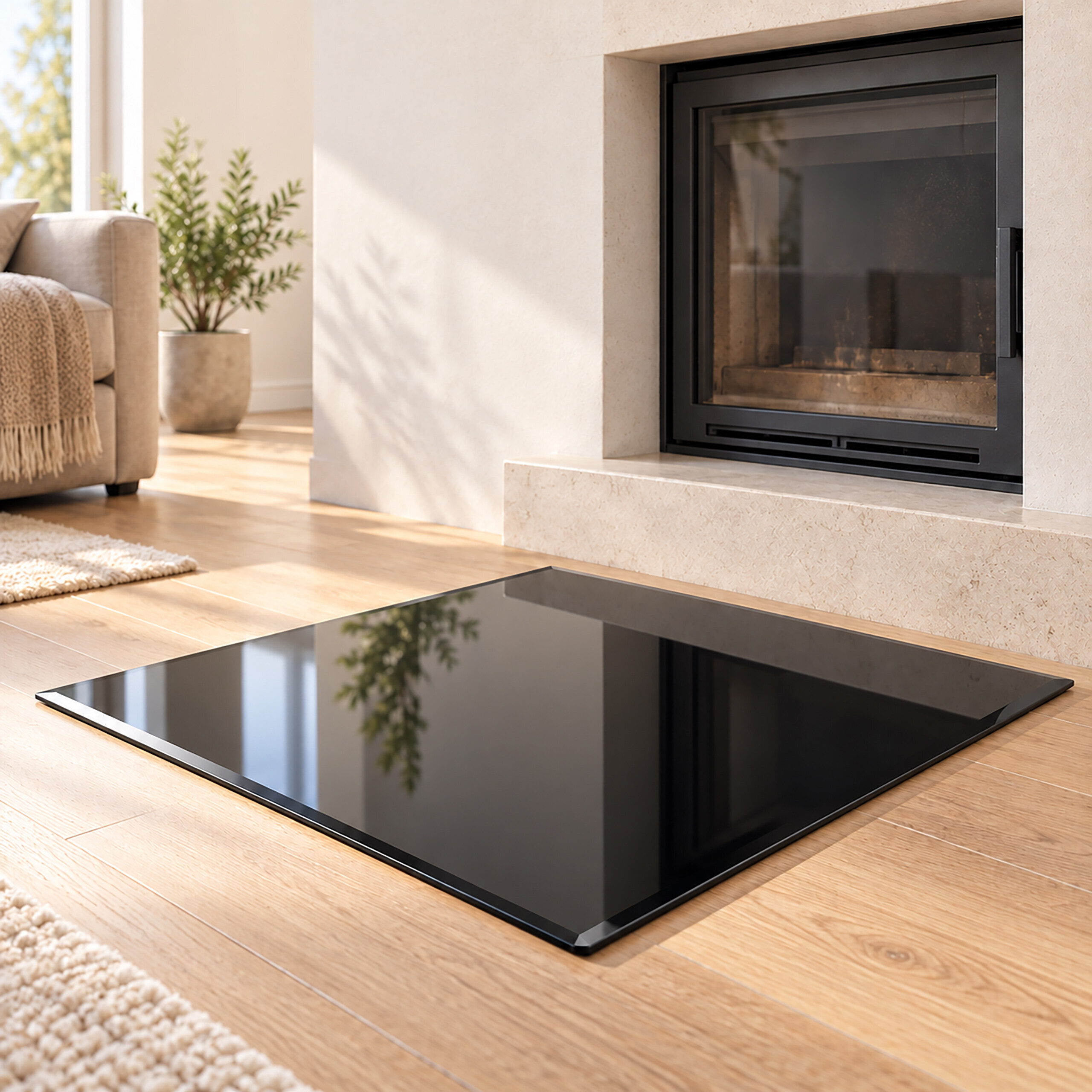 Ein moderner Kamin mit schwarzer Glasbodenplatte auf Holzboden in einem hellen Wohnzimmer.