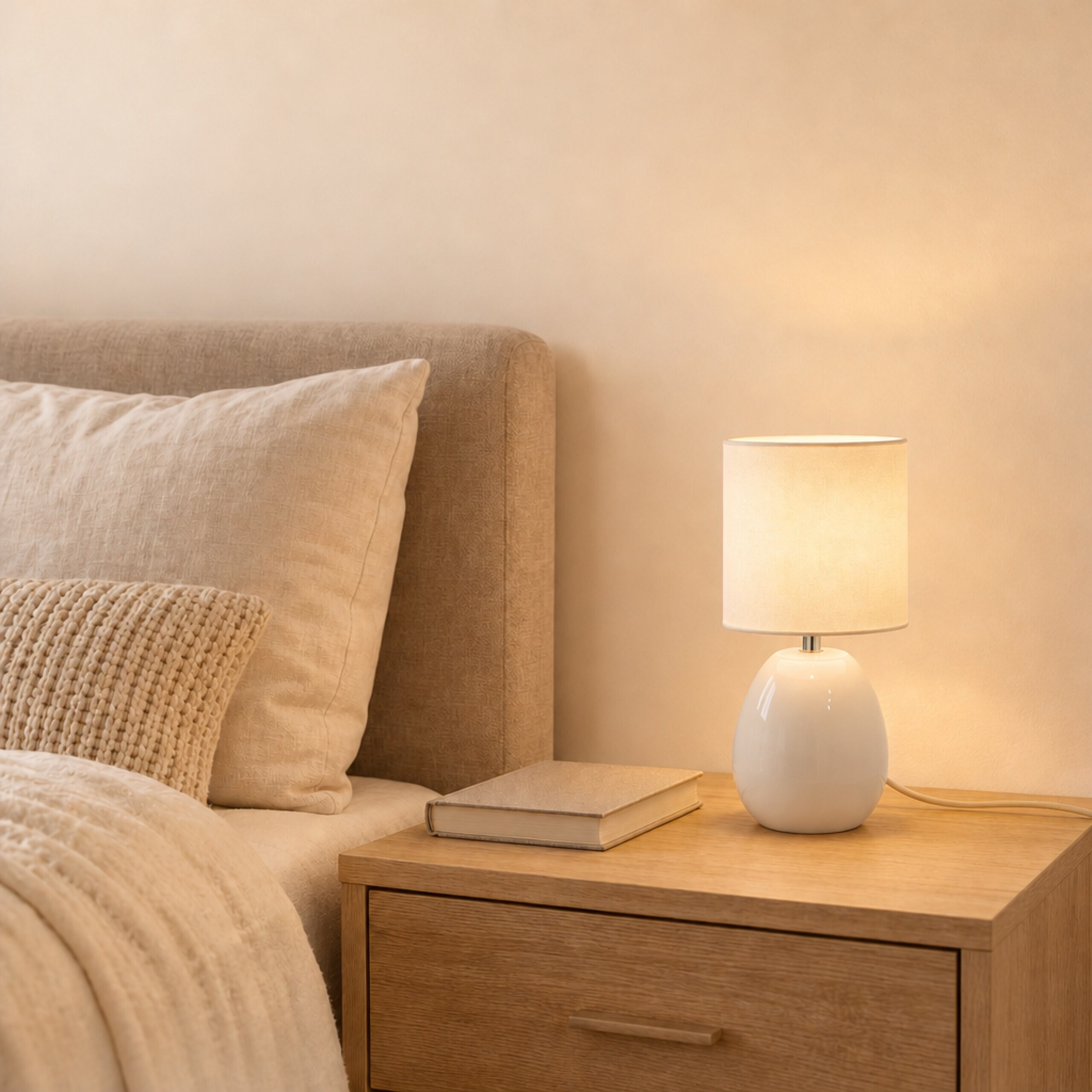Ein beiges Nachtkästchen mit beleuchteter weißer Lampe und einem geschlossenen Buch.