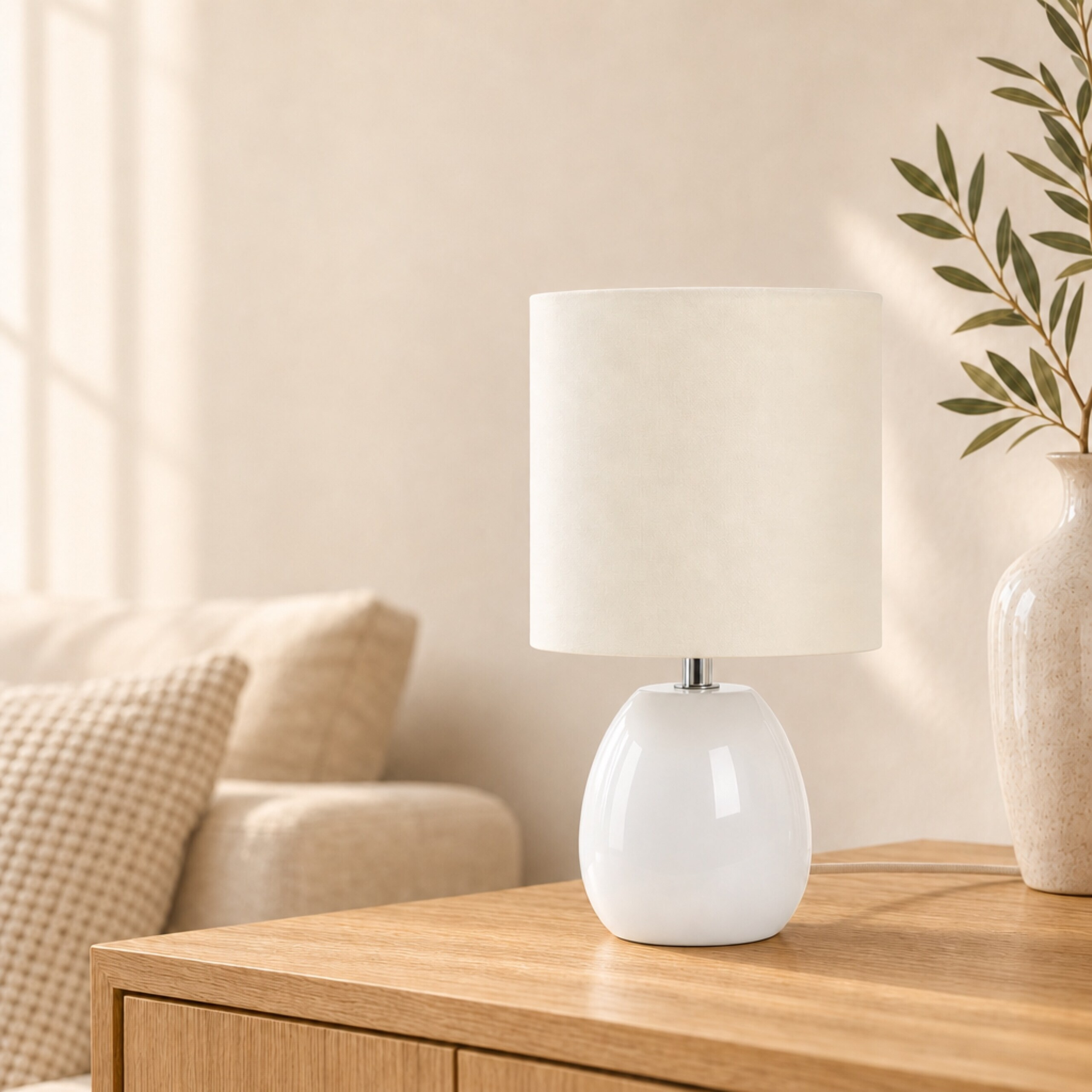 Eine weiße Tischlampe und eine Vase mit Zweigen auf einem Holzschrank in einem hellen Zimmer.