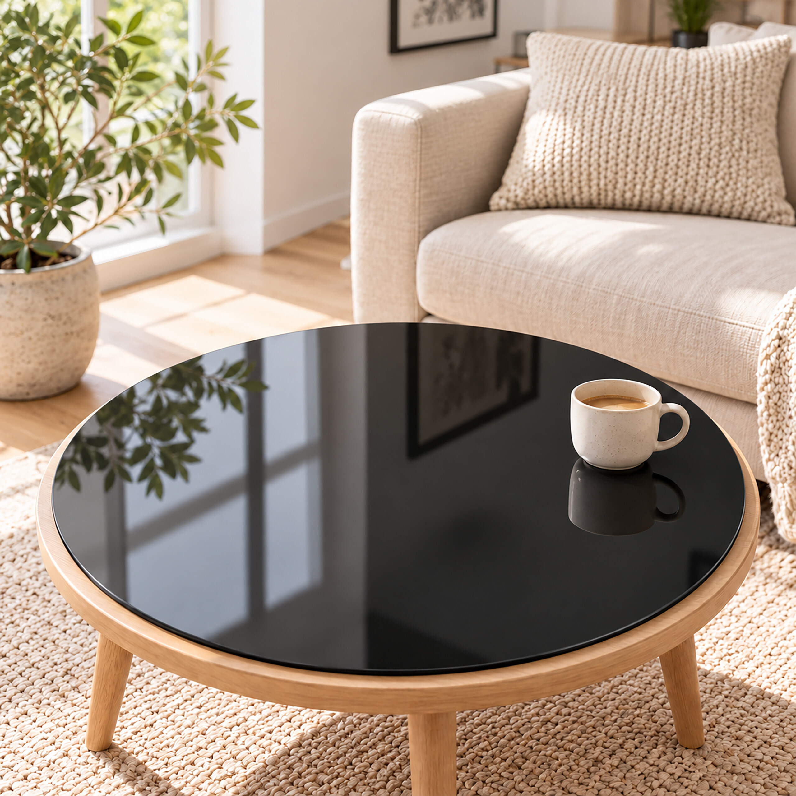 Ein runder Holztisch mit schwarzer Glasplatte steht auf einem Teppich, darauf eine Kaffeetasse, im Hintergrund ein Sofa.