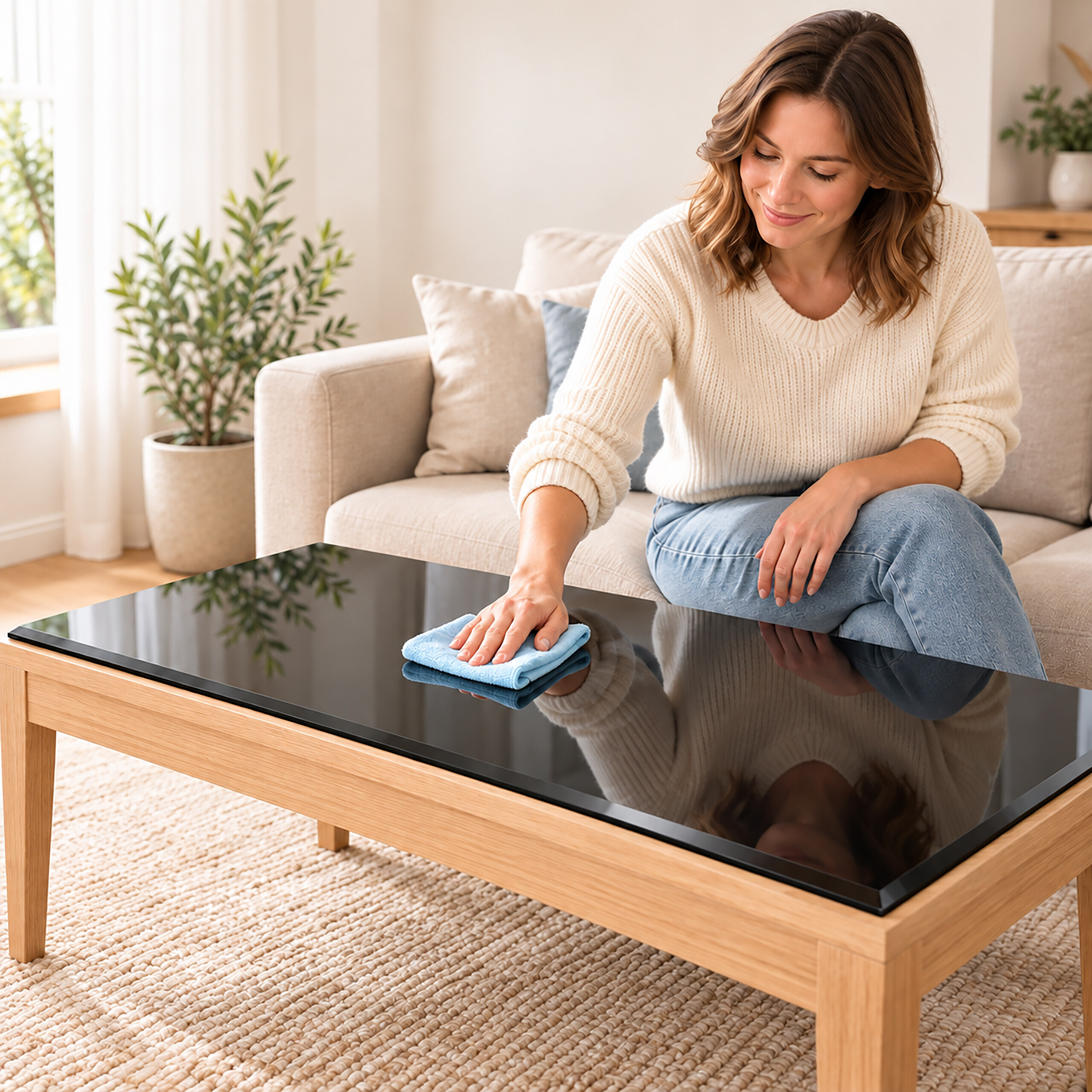 Eine Frau wischt in einem hellen Wohnzimmer einen schwarzen Couchtisch mit einem blauen Tuch ab.