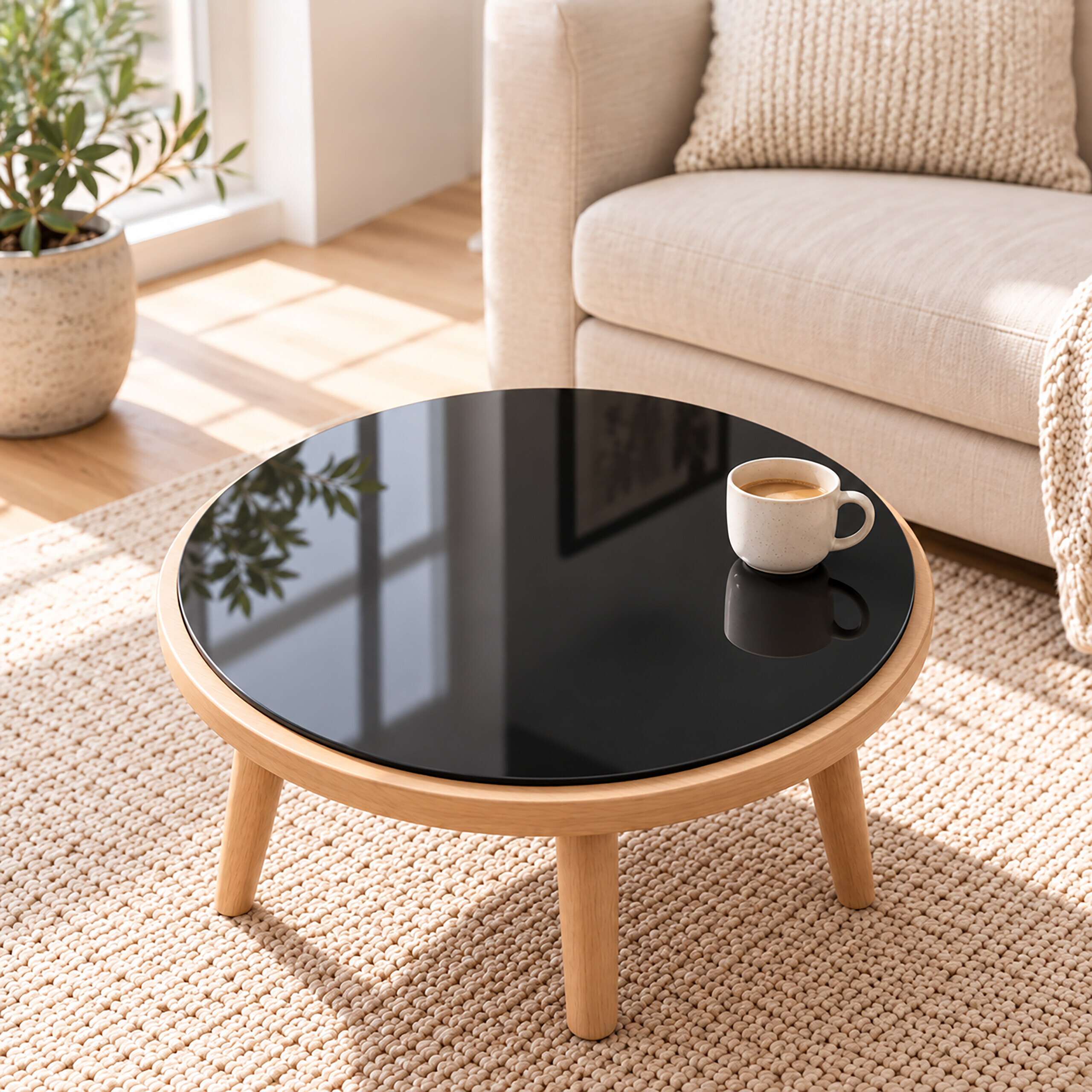 Ein runder Couchtisch aus Holz mit schwarzer Glasplatte und einer Tasse Kaffee steht auf einem beigen Teppich.