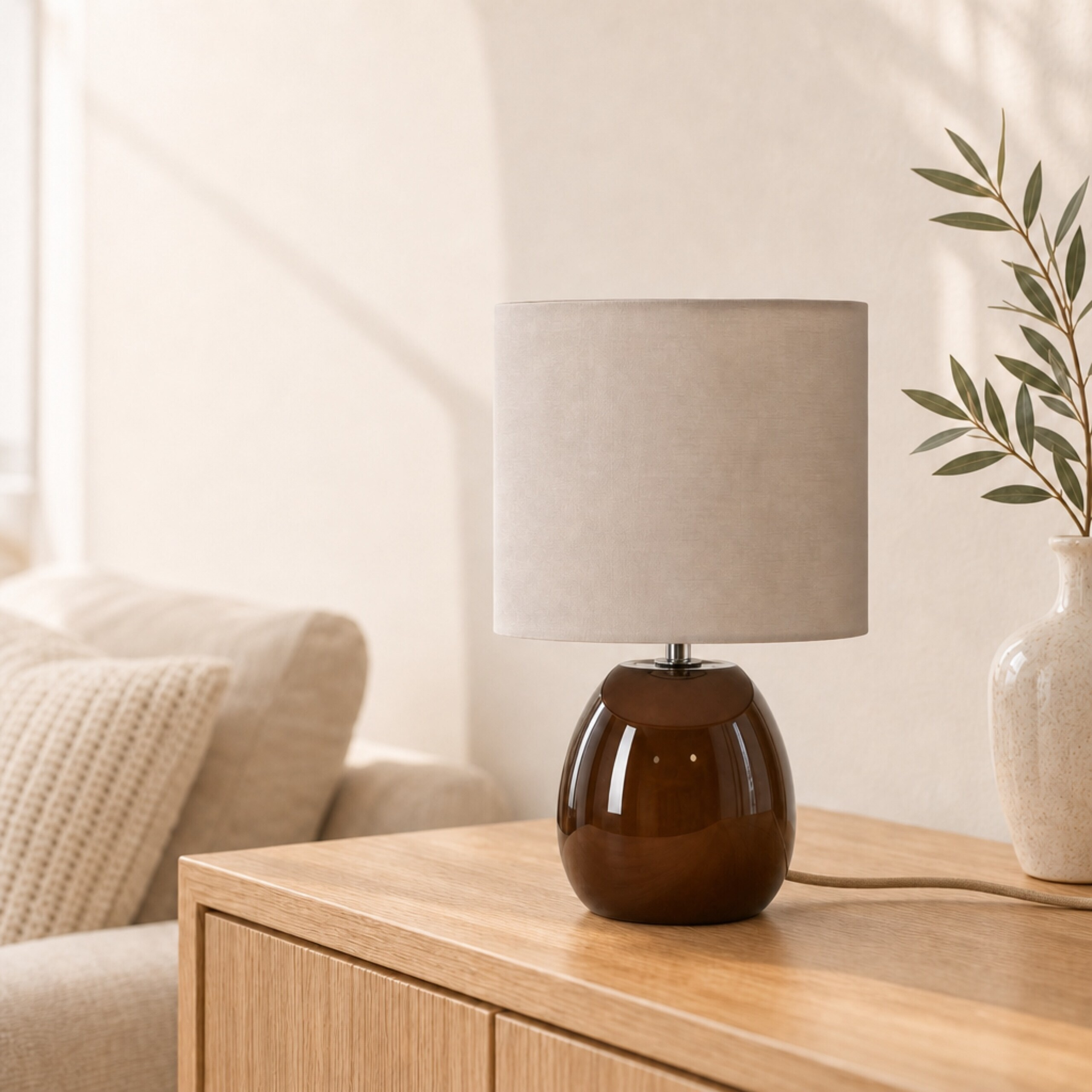 Eine braune Keramik-Tischlampe mit beige Schirm steht in einem hellen Zimmer auf einem Holzschrank neben einer Vase.