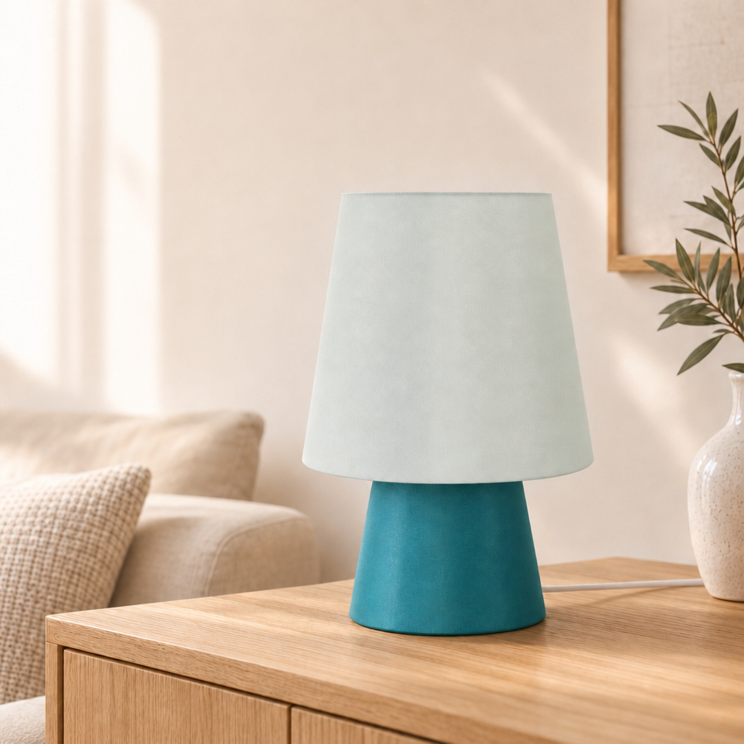 Eine blaugrüne und weiße Tischlampe steht auf einem Holzschrank, mit Sofa und Pflanze im Hintergrund.