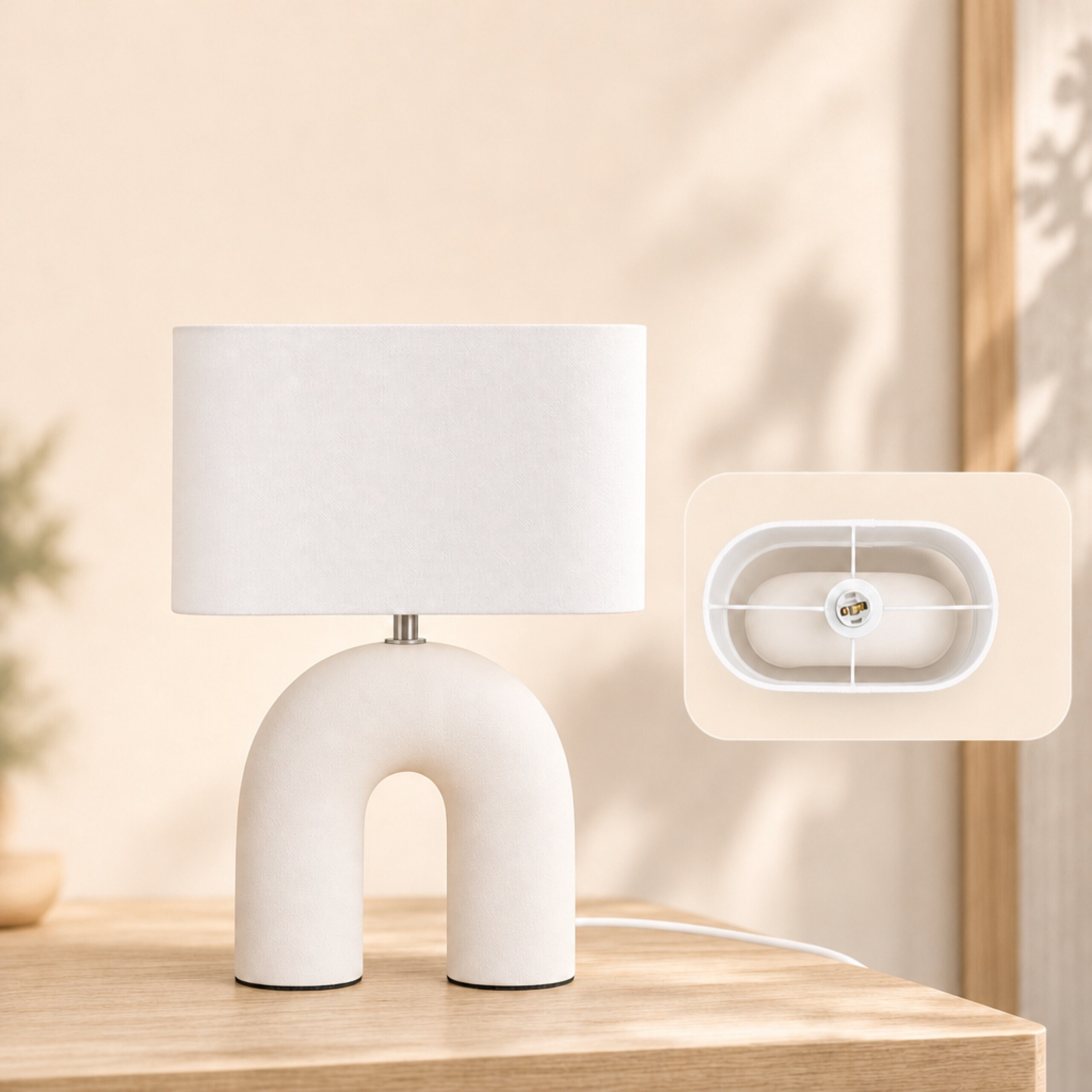 Eine weiße Bogenlampe mit rechteckigem Schirm steht auf Holz, Inset zeigt die Fassung von oben.