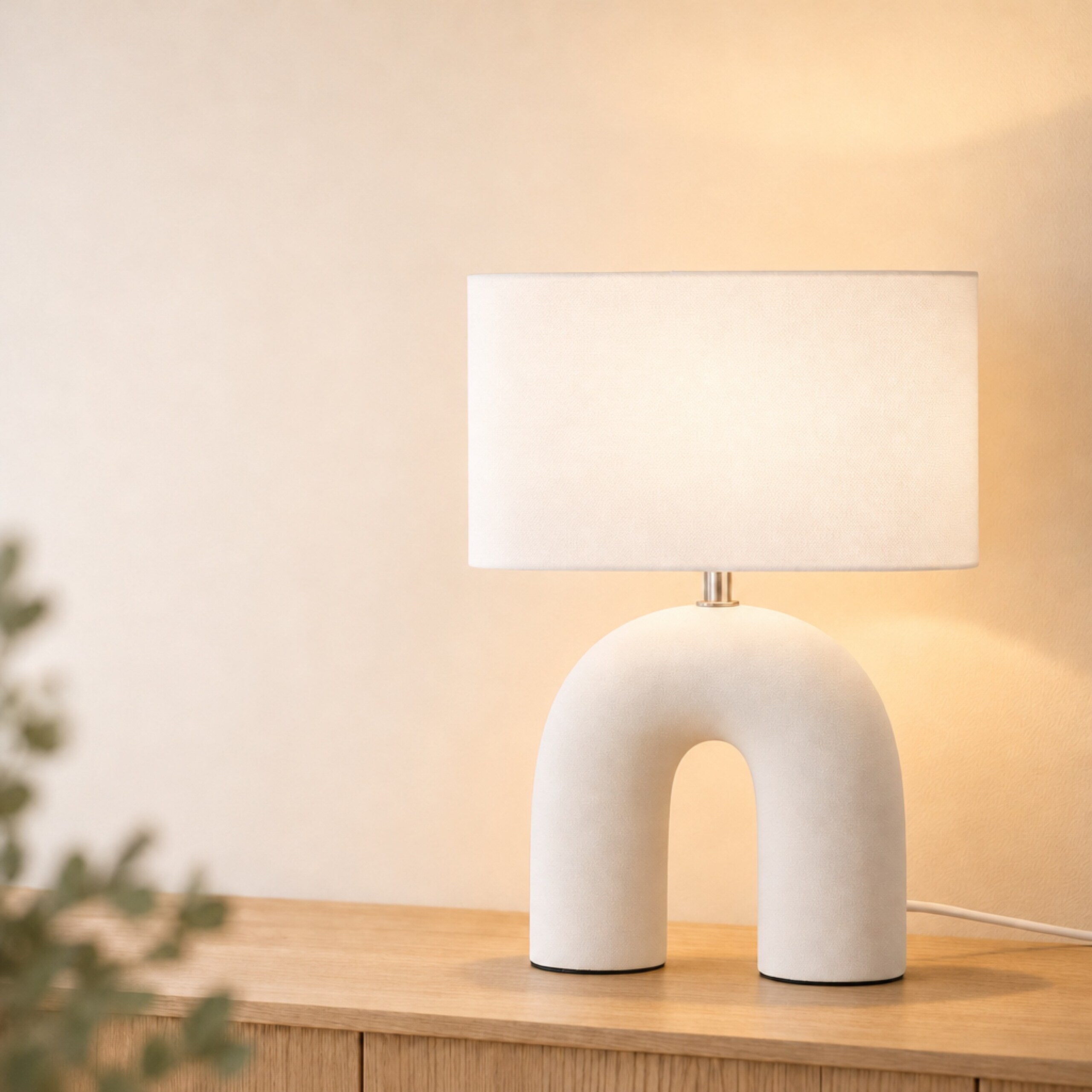 Eine moderne weiße Bogen-Tischlampe mit rechteckigem Schirm steht auf einer Holzfläche vor einer beigen Wand.