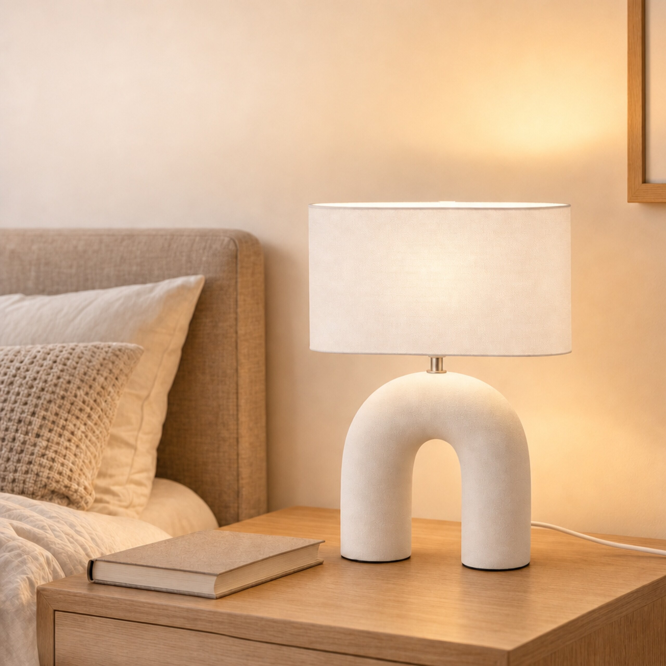 Ein Beistelltisch mit moderner weißer Bogenlampe und Buch vor einem Bett im weich beleuchteten Raum.