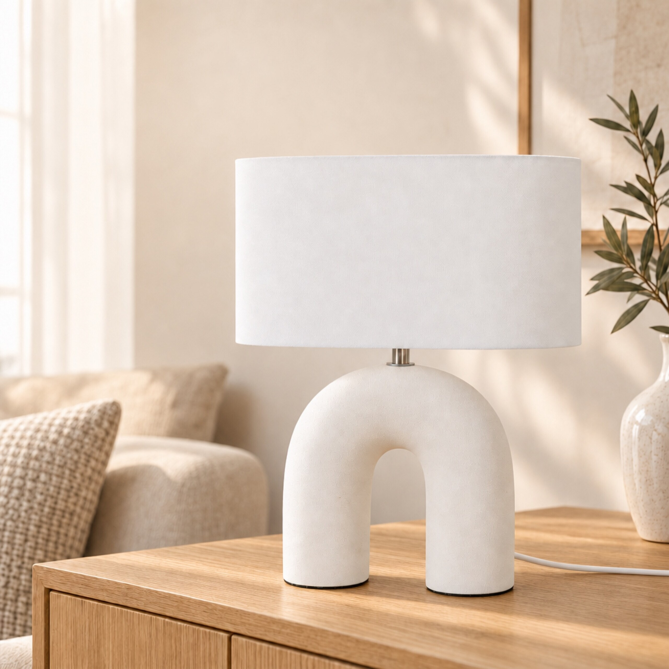 Eine weiße Tischlampe mit gewölbtem Fuß und Schirm steht auf einem Holzschrank in einem sonnigen Zimmer.