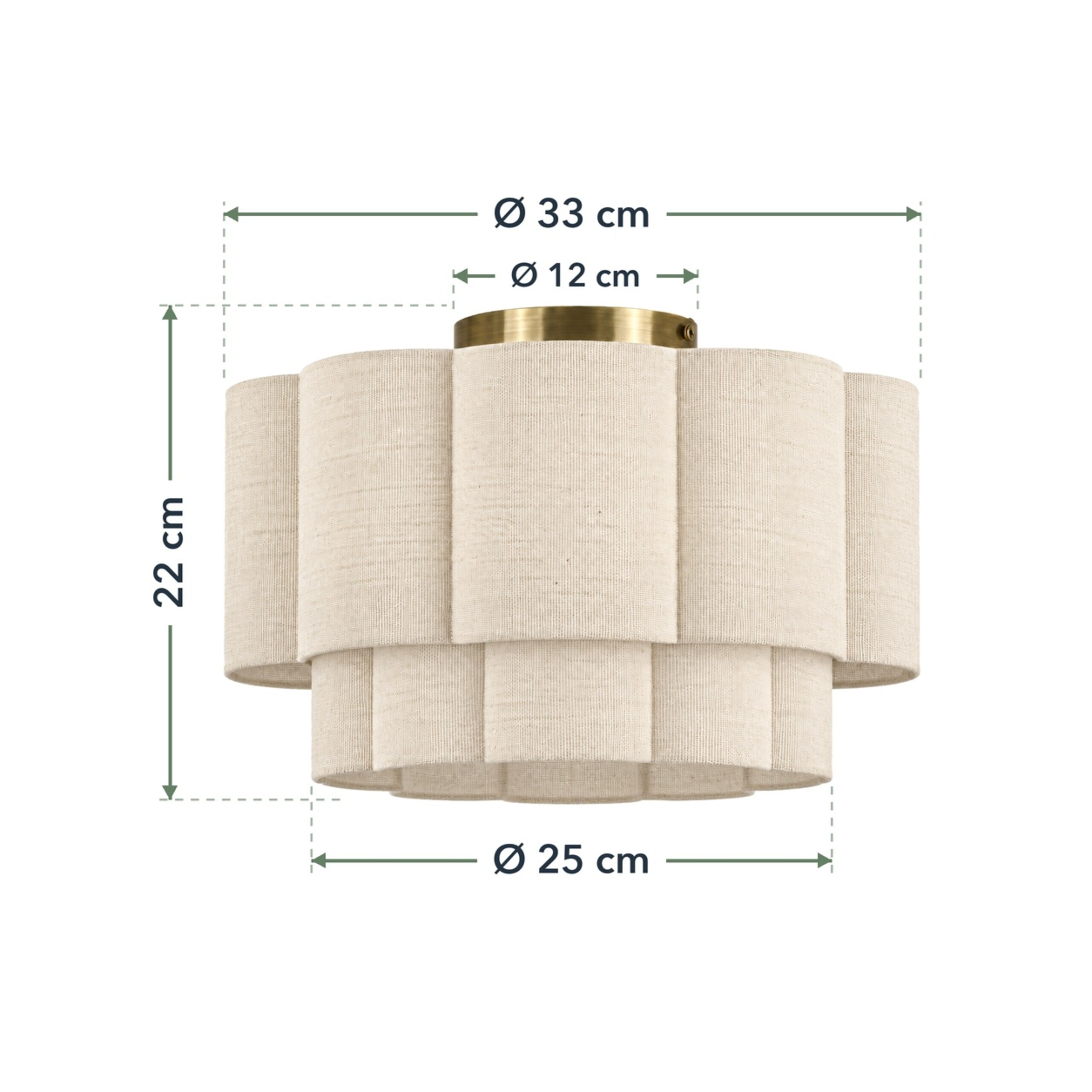 Diagramm einer beige texturierten zweistöckigen Deckenlampe mit Maßangaben in cm.