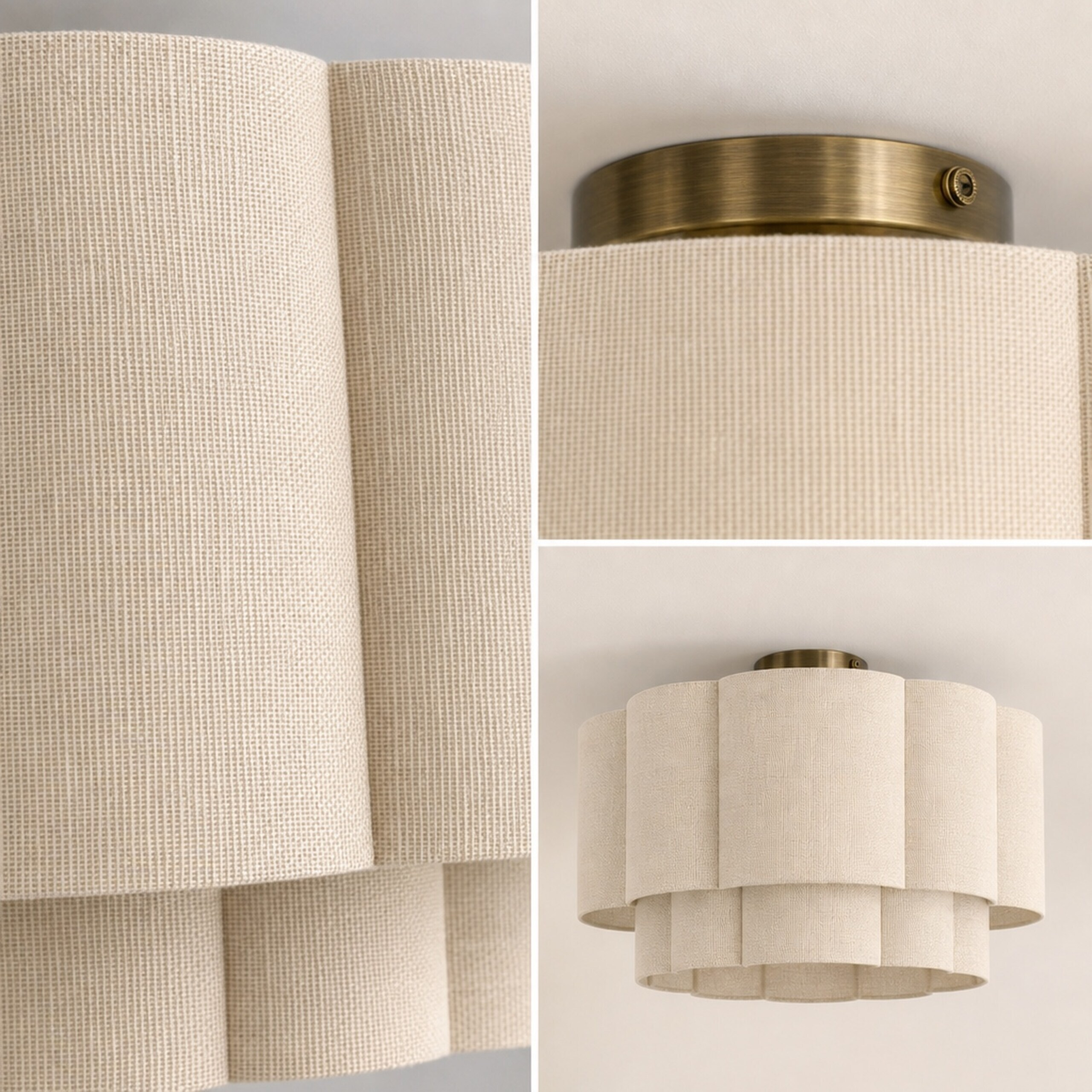 Beige, strukturierte Stoff-Deckenlampe mit runden, geschichteten Segmenten.