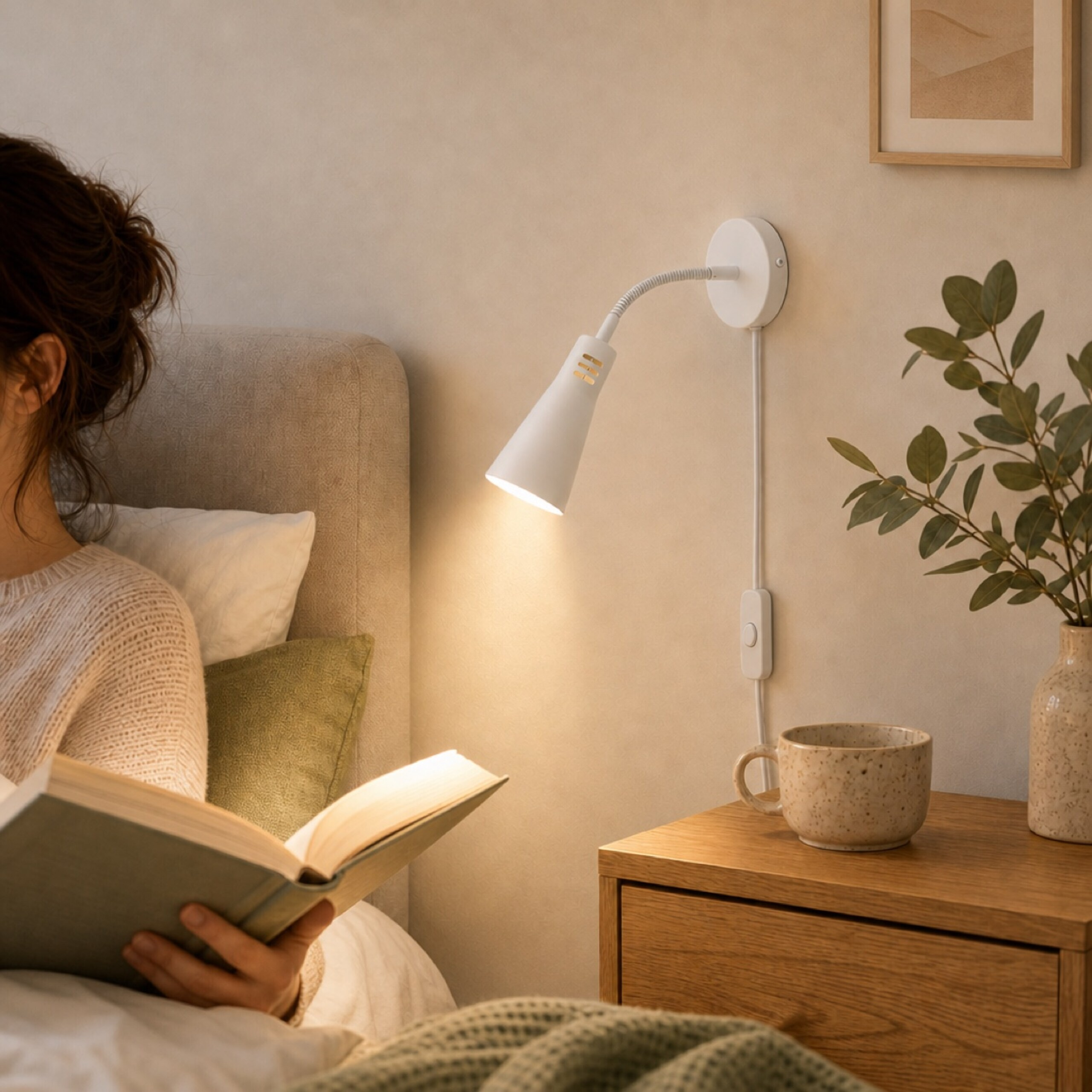 Eine Frau liest im Bett bei warmem Licht einer weißen Wandlampe; daneben ein Nachttisch mit Tasse und Pflanze.