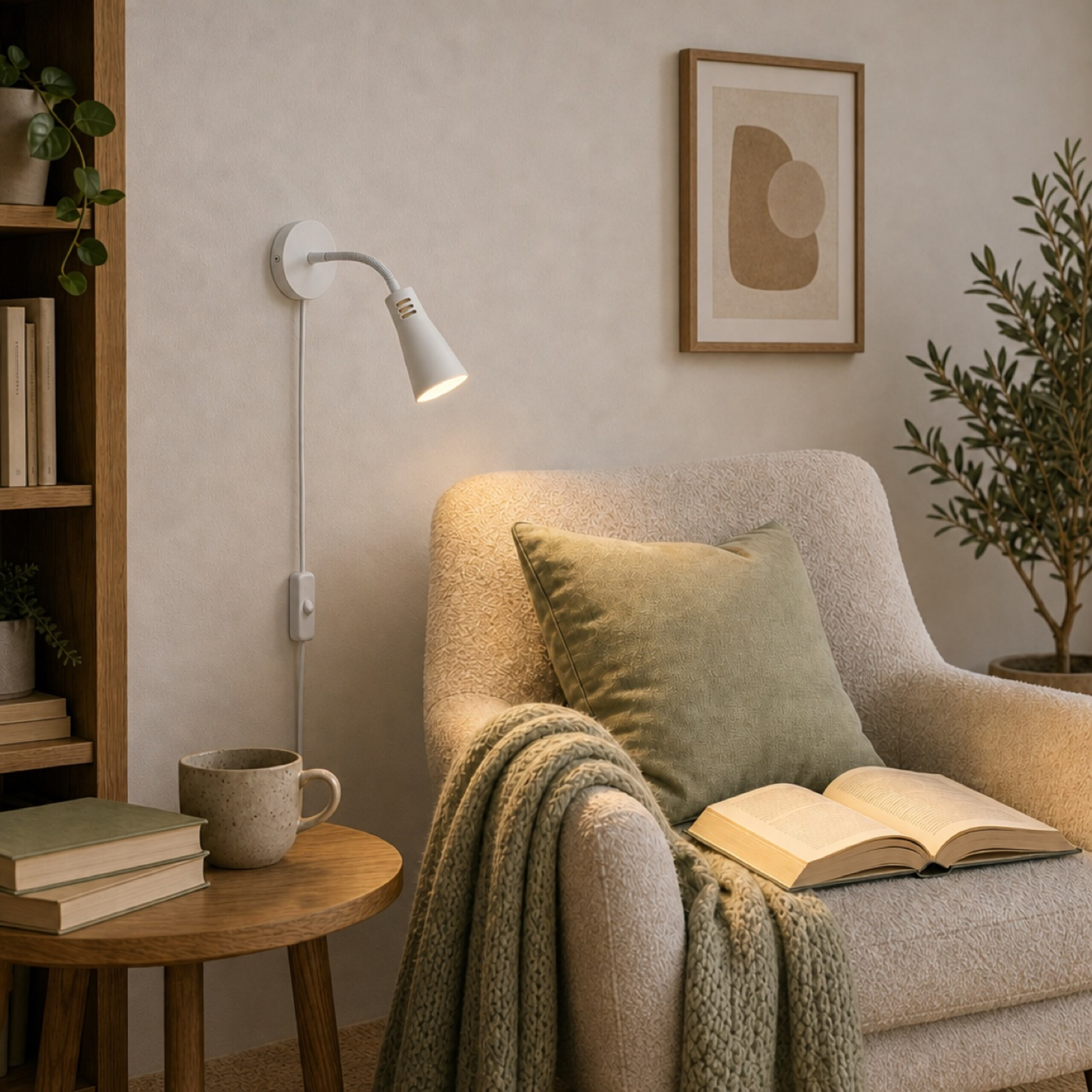 Beige Sessel mit grünem Kissen, Decke, offenem Buch, Beistelltisch mit Lampe und eingerahmtem Bild.