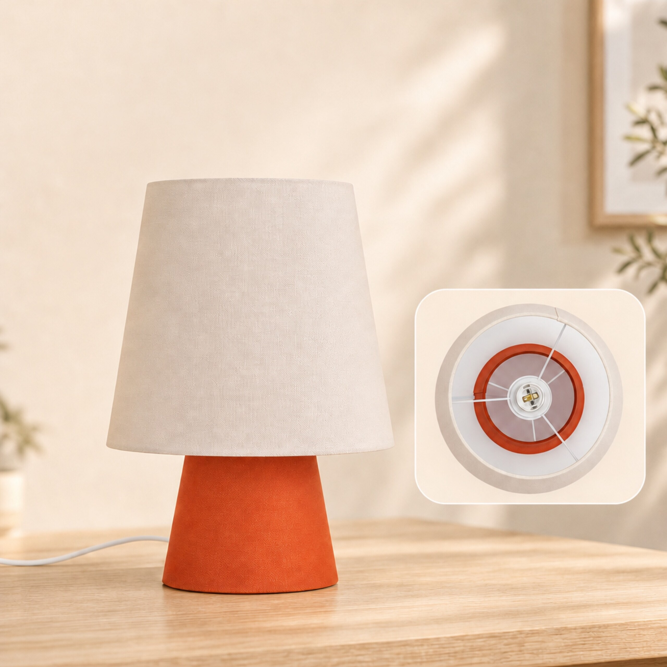 Eine weiße Tischlampe mit einem orangefarbenen Kegelfuß steht auf Holz. Ein Inset zeigt die Unterseite.