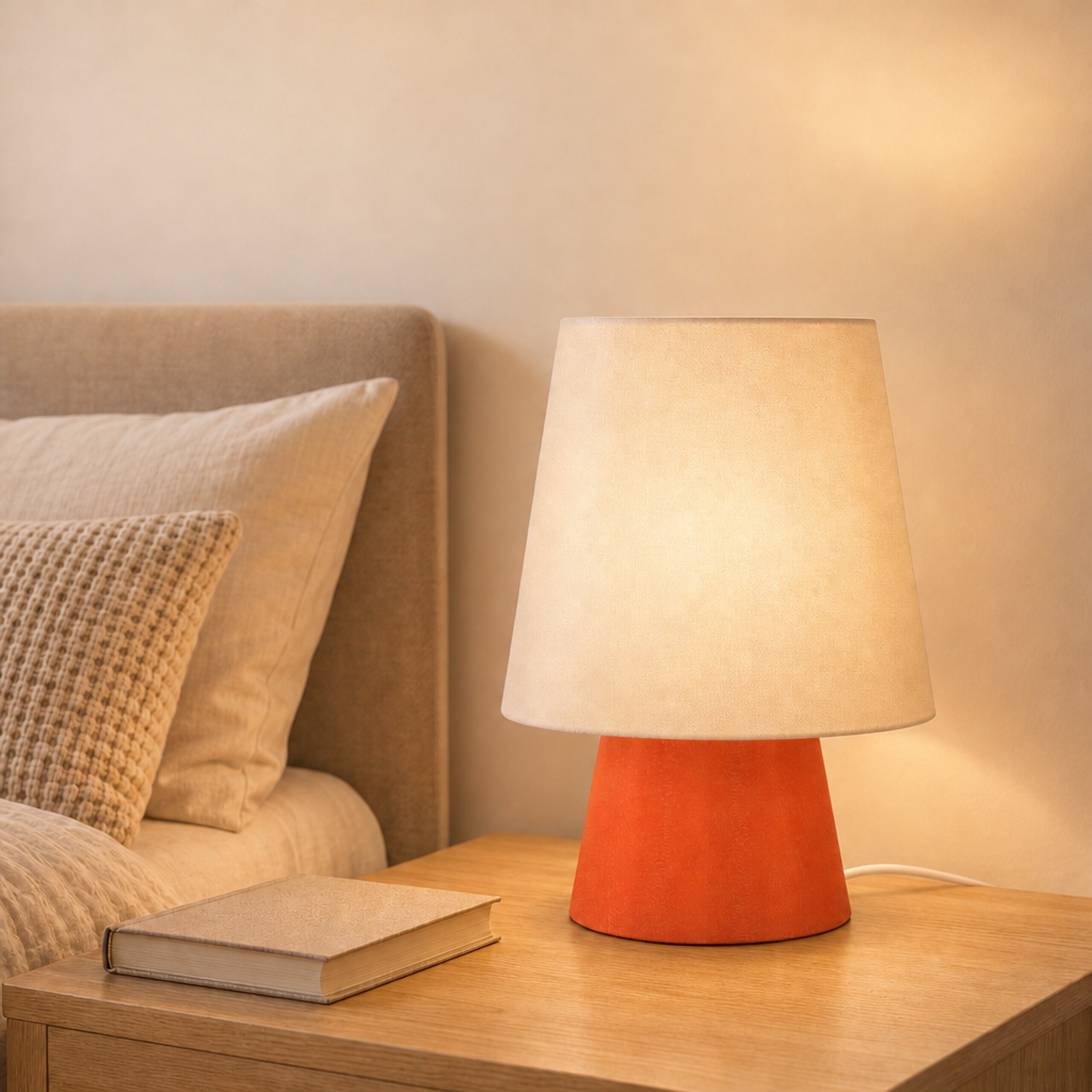 Eine orangefarbene Nachttischlampe mit weißem Schirm steht neben einem Buch auf einem Holzschrank im Schlafzimmer.