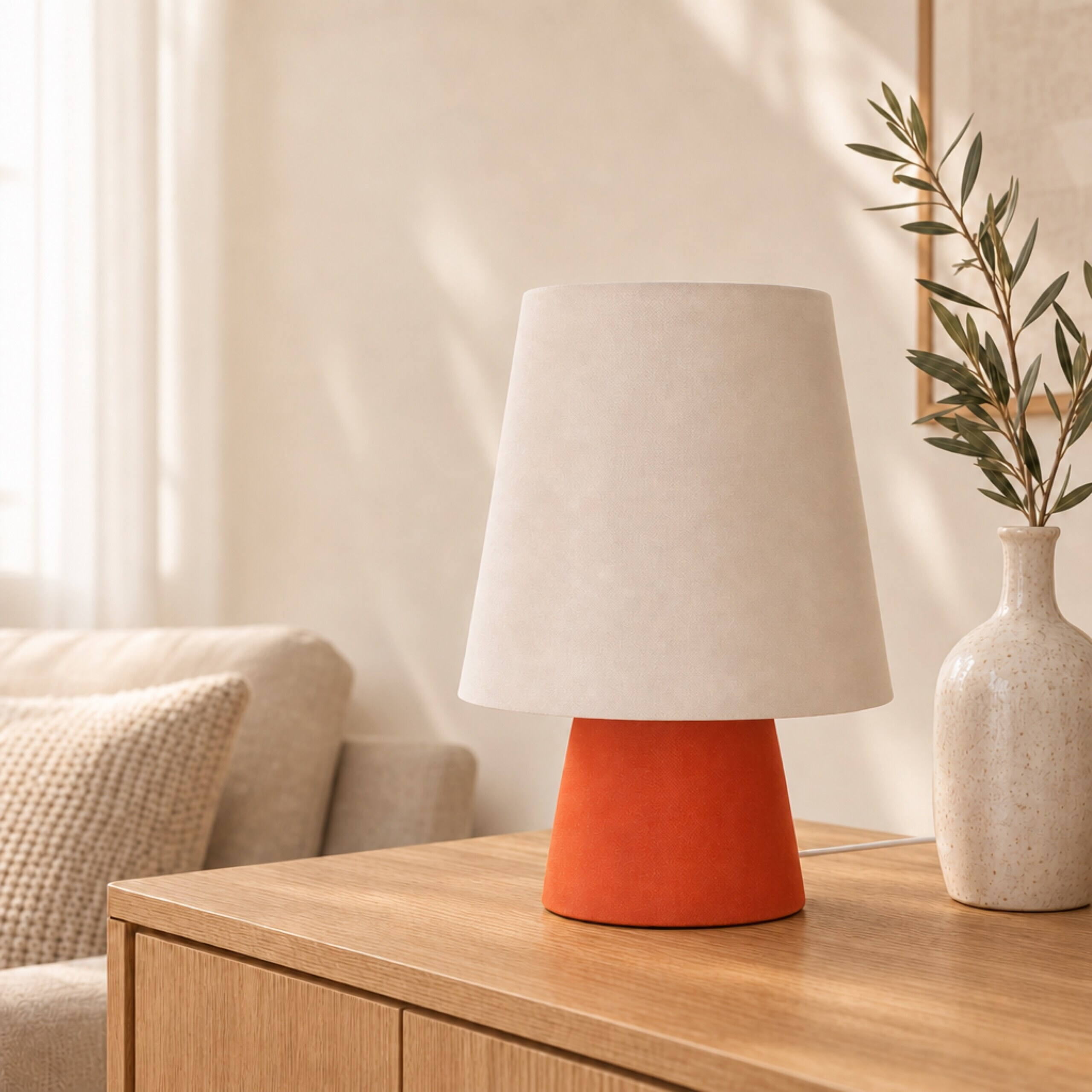 Eine beige-orange Tischlampe und eine Keramikvase mit Ast stehen auf einem Holzzimmer in einem hellen Raum.