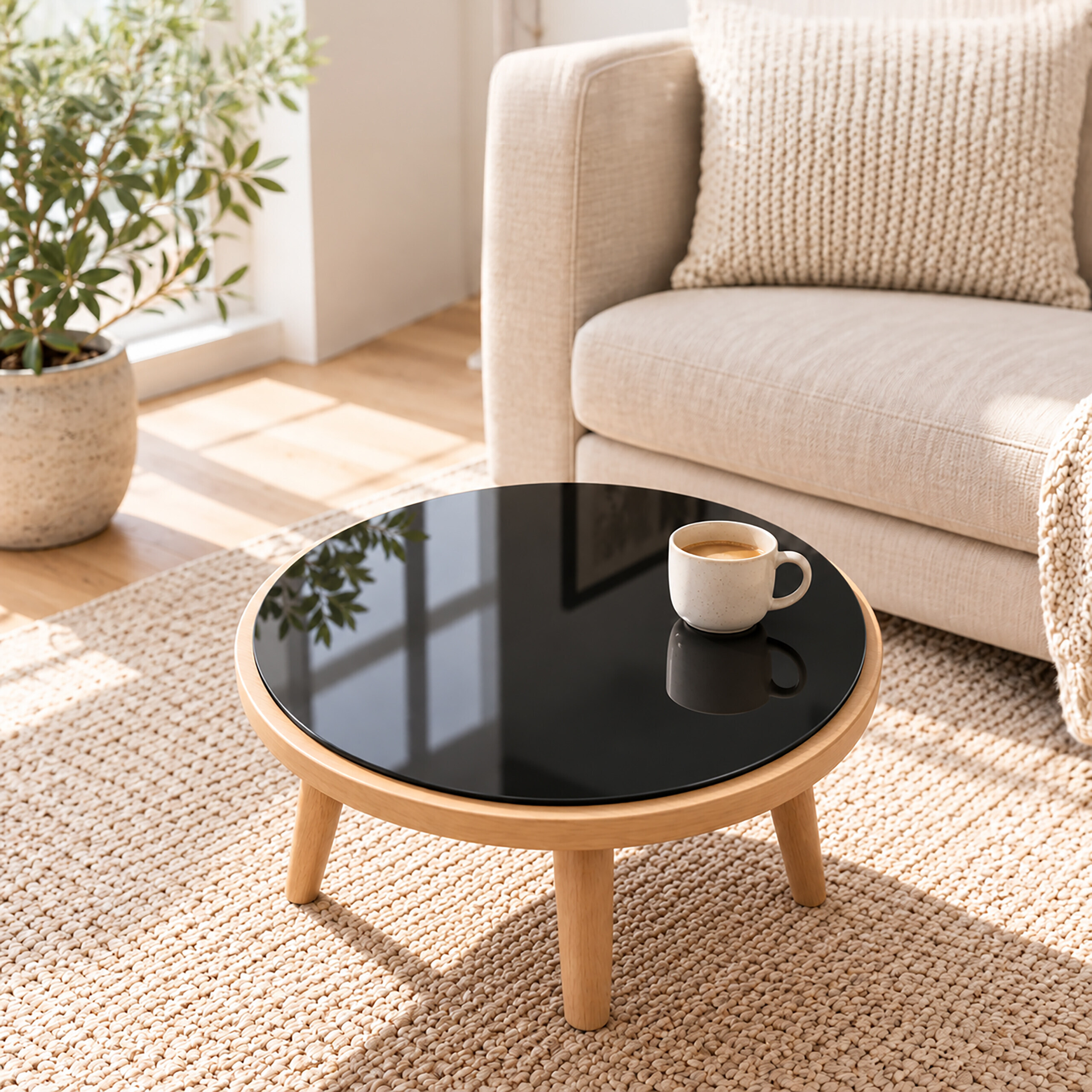 Eine Kaffeetasse auf einem runden Holztisch mit schwarzer Platte steht vor einem Sofa auf einem Teppich.