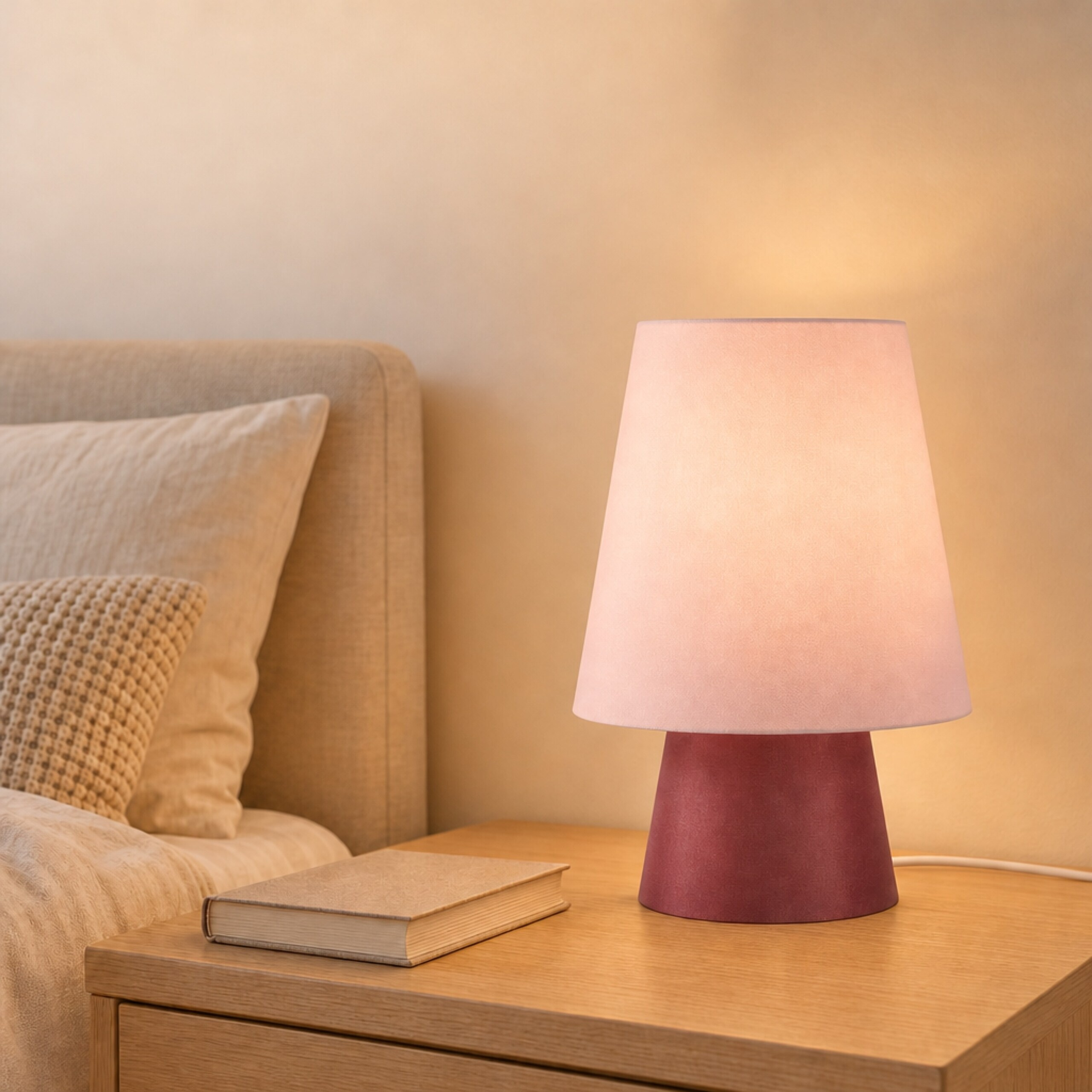 Eine beleuchtete Nachttischlampe mit rosa Fuß und Schirm steht auf einem Holznachttisch neben einem geschlossenen Buch.