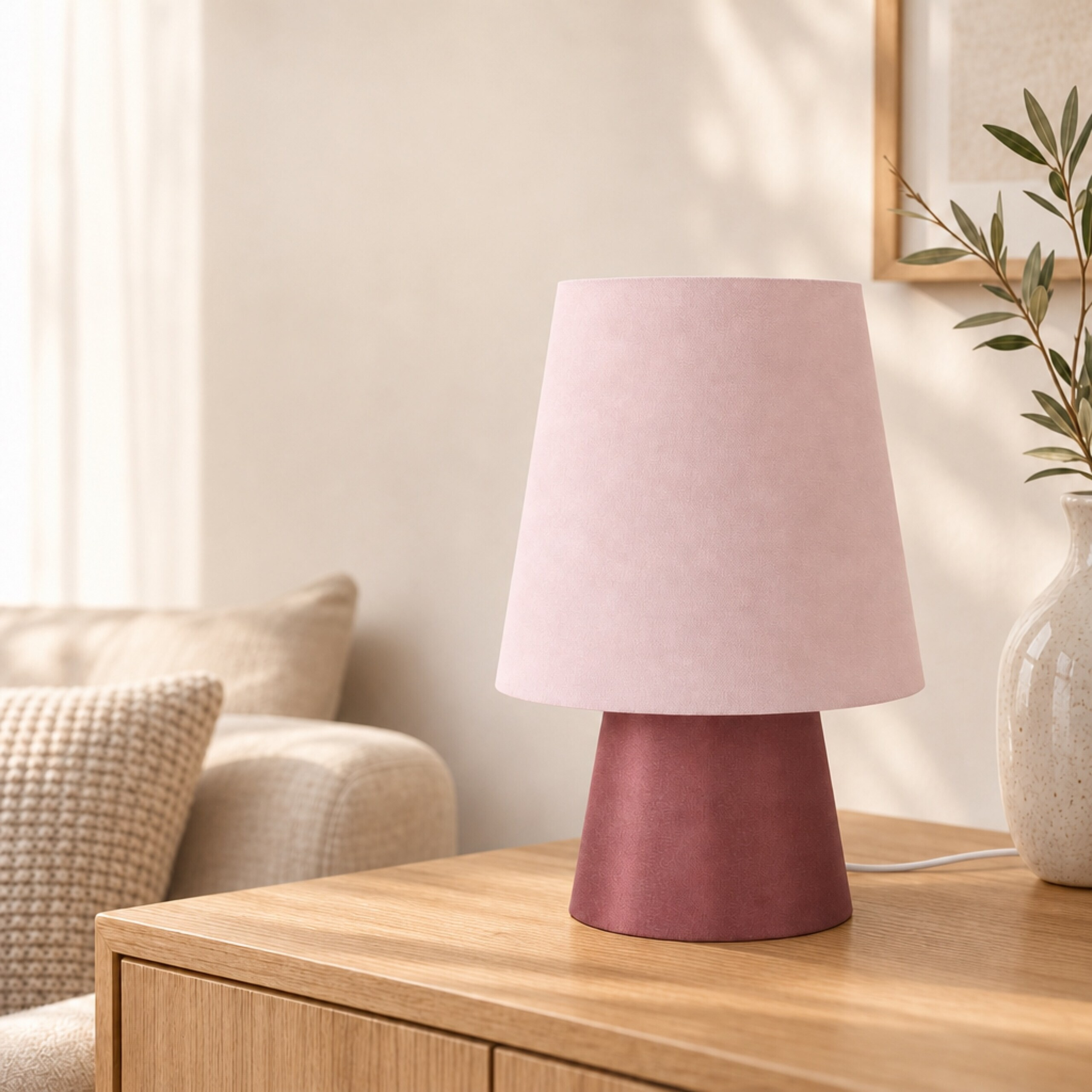 Eine rosa Tischlampe auf einer Holzoberfläche neben einer Pflanzervase, mit einem Sofa im unscharfen Hintergrund.
