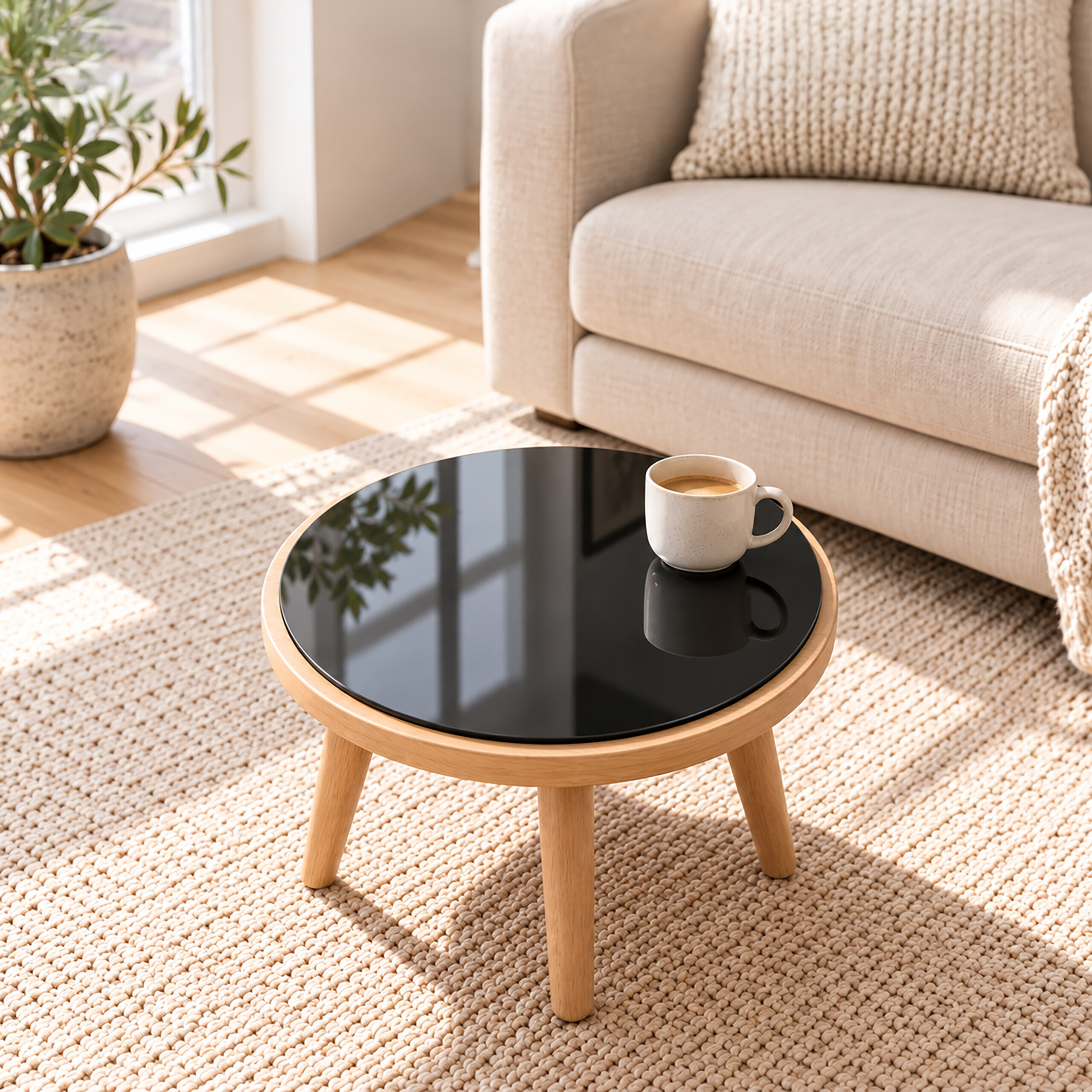 Beige Couch, runder Holztisch mit Kaffeetasse und Pflanze im Topf auf hellem Teppich.