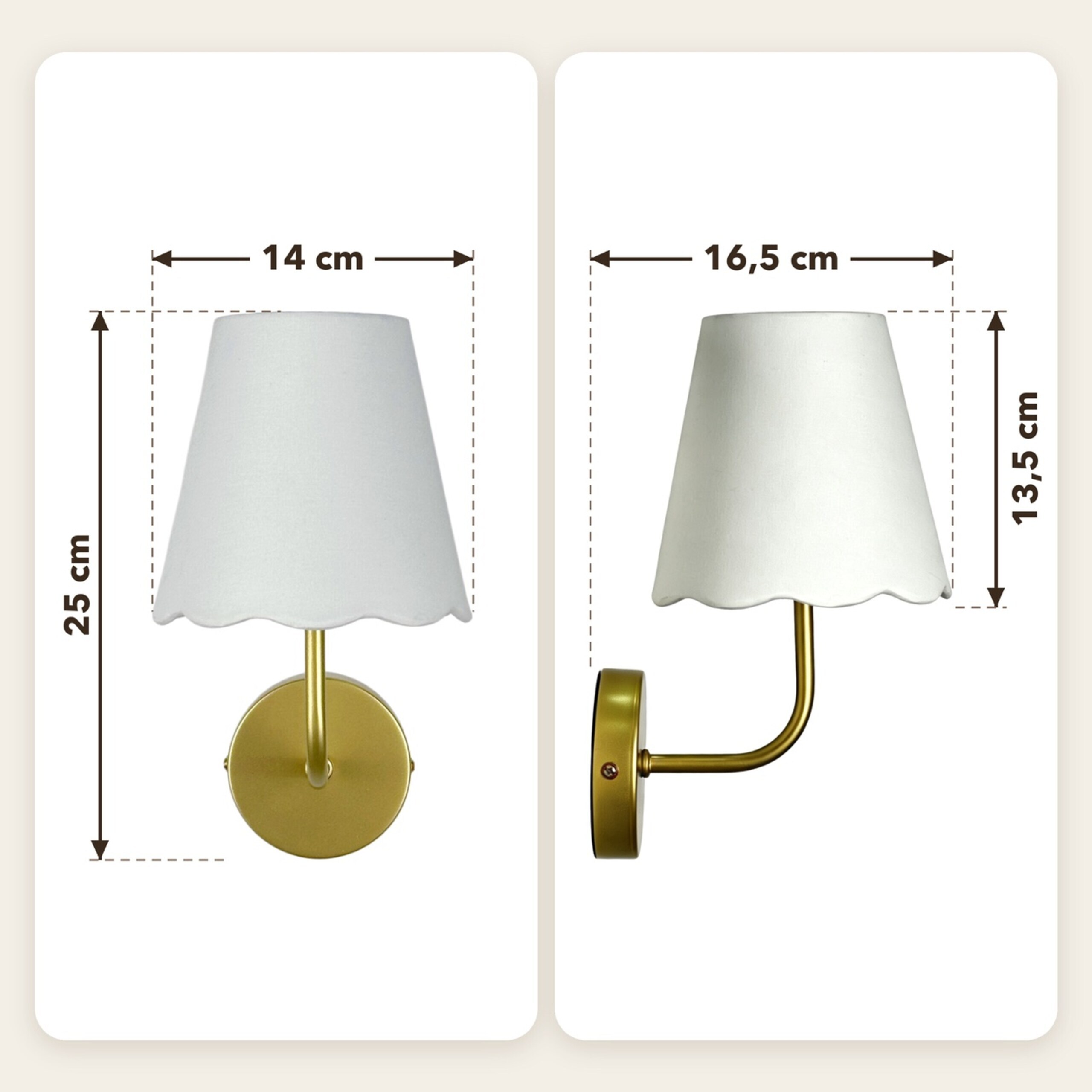 Diagramm einer Wandlampe mit goldenem Arm, weißem Schirm und Maßangaben.