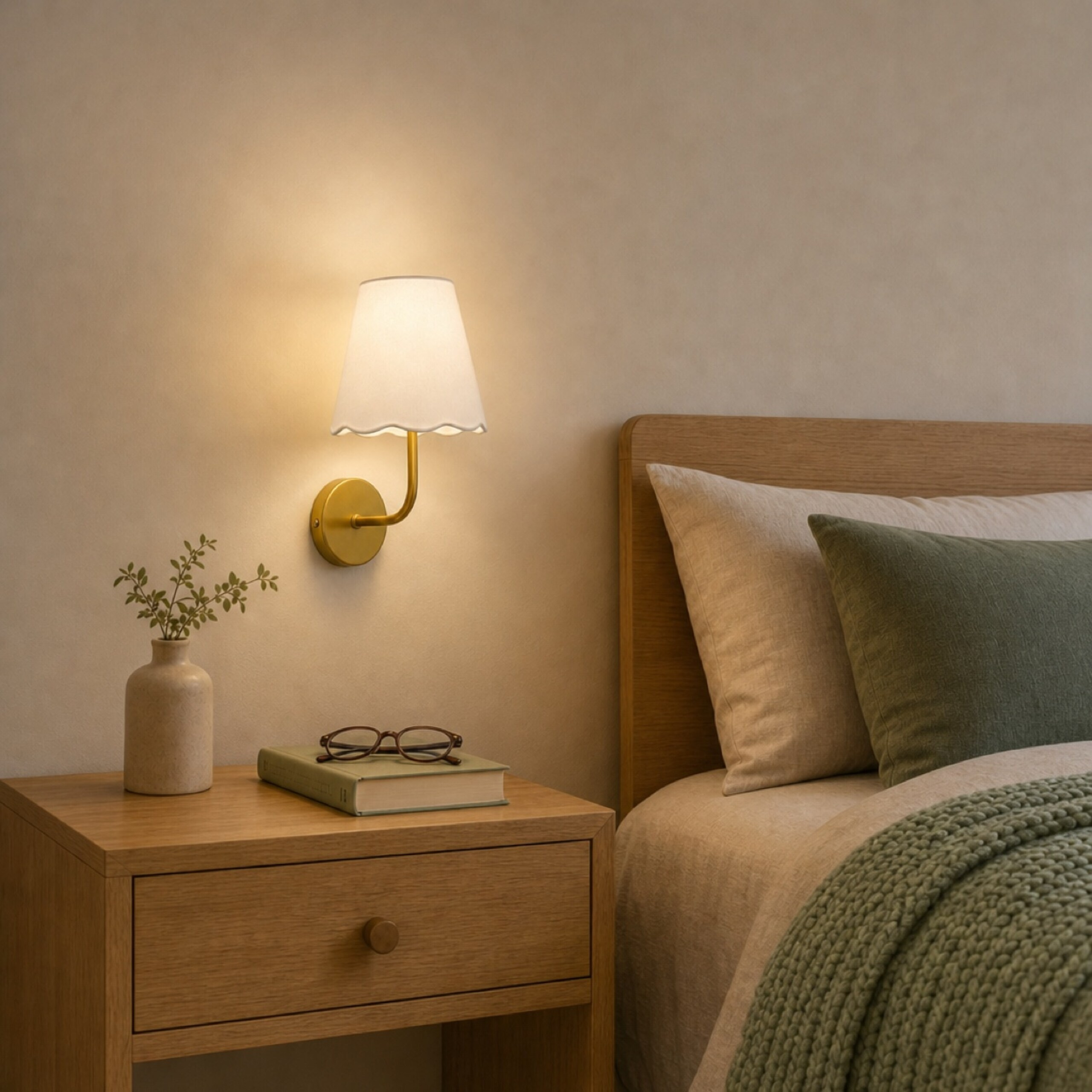 Ein hölzernem Nachttisch mit Lampe, Buch, Brille und Vase daneben ein Bett.