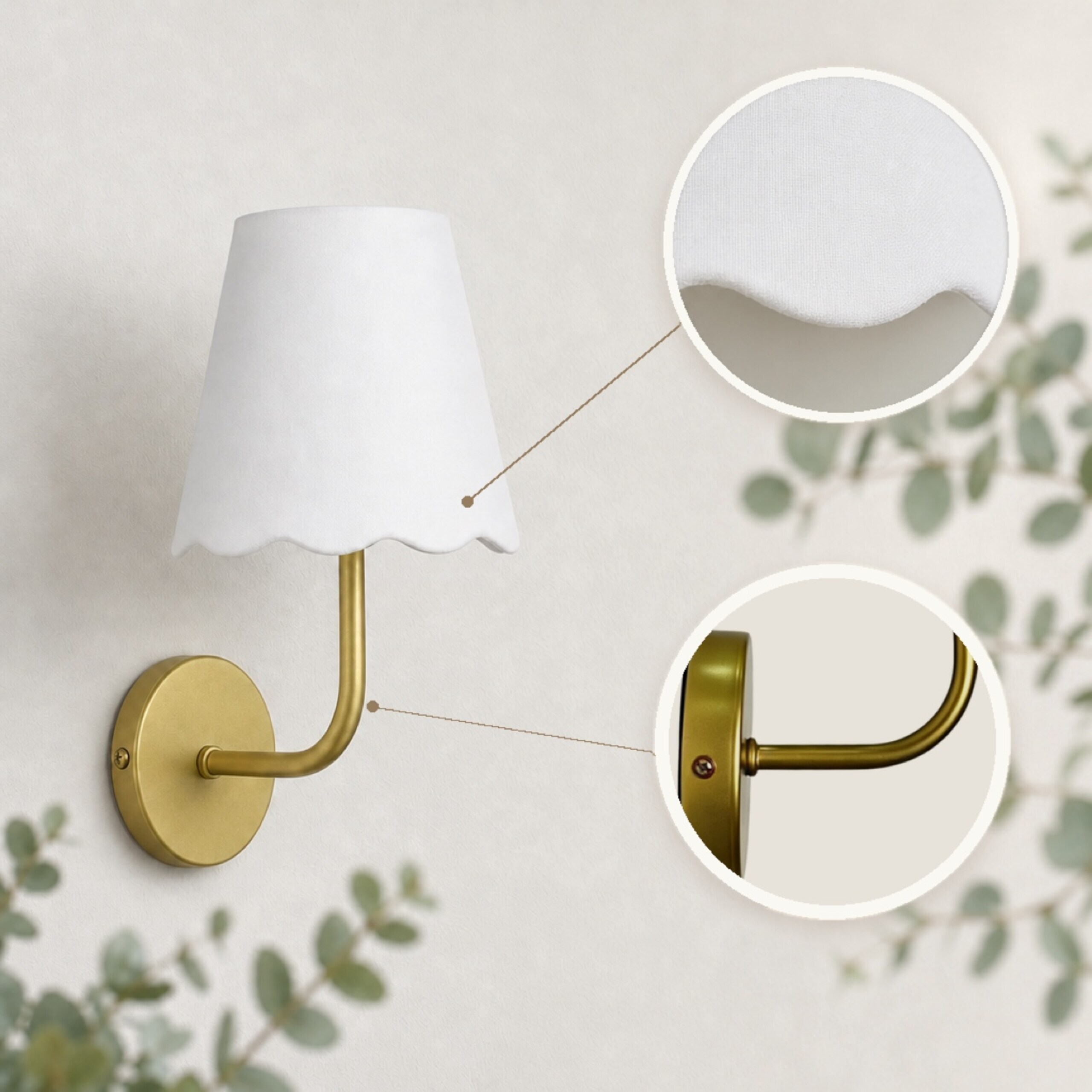 Wandleuchte mit weißem, wellenförmigem Schirm und goldfarbenem Arm, mit zwei Detailansichten.