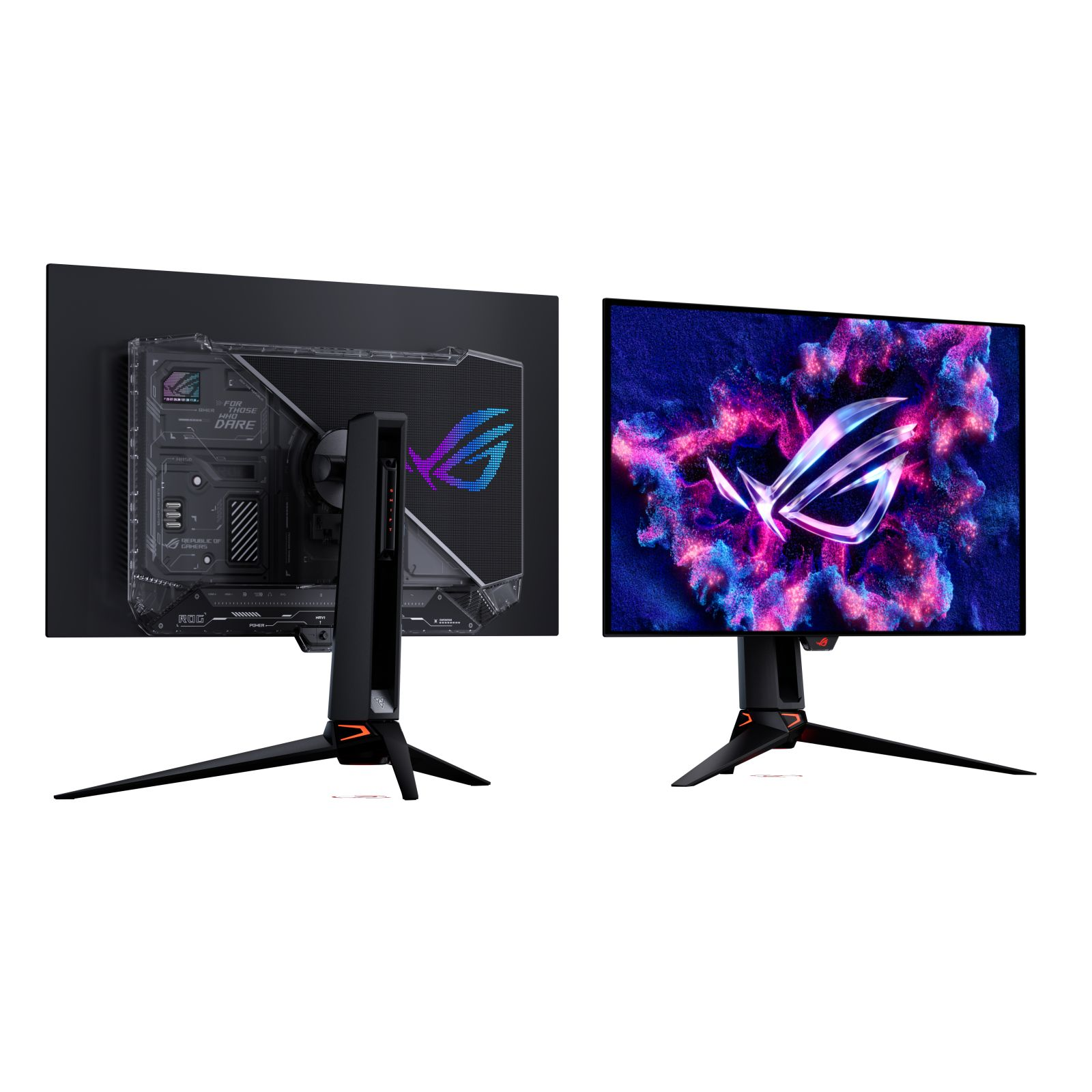 Due viste di un monitor da gioco nero con illuminazione RGB su supporto.