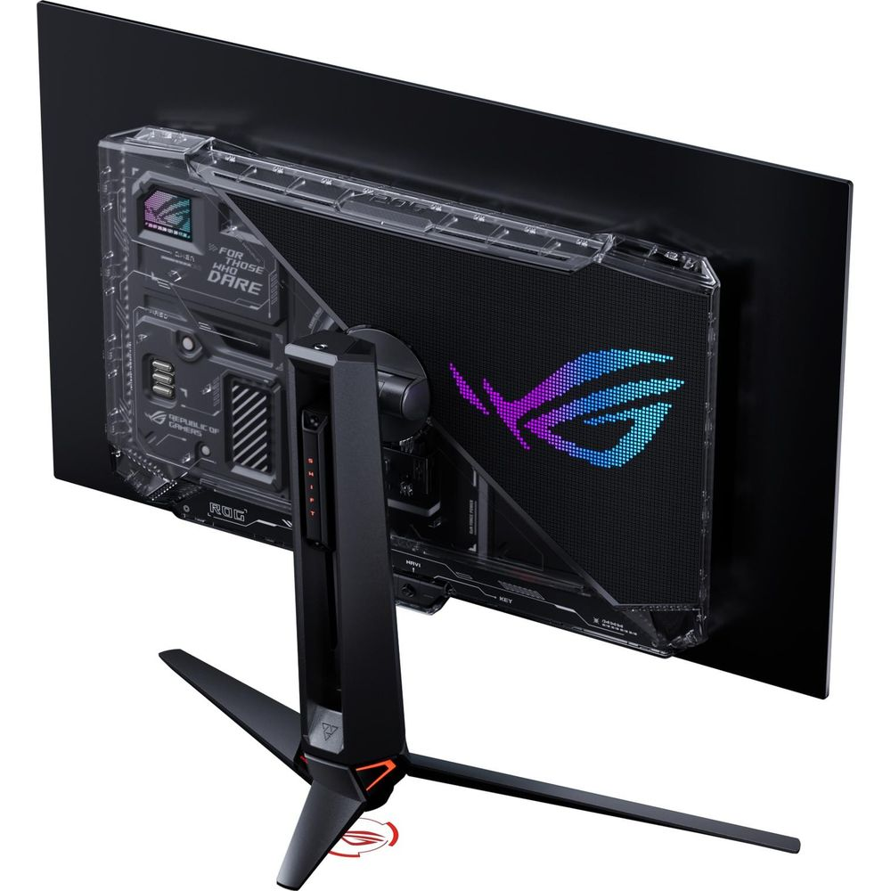 Vista posteriore di un monitor da gioco Asus ROG con design futuristico e illuminazione RGB.