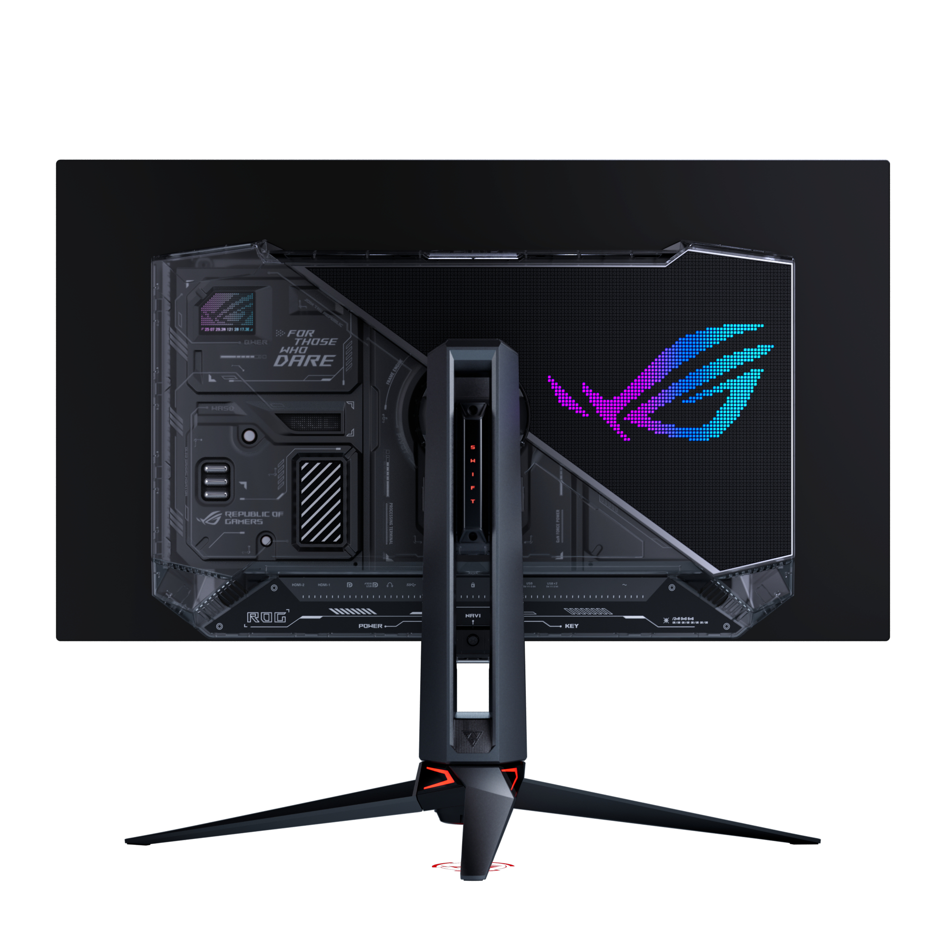 Vista posteriore di un monitor da gioco ROG nero con pannello trasparente, logo blu e rosa luminoso e supporto robusto.