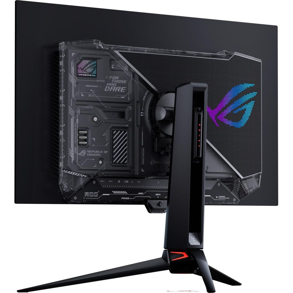 Il retro di un monitor da gioco con design futuristico, cover trasparente e logo ROG su supporto a treppiede.