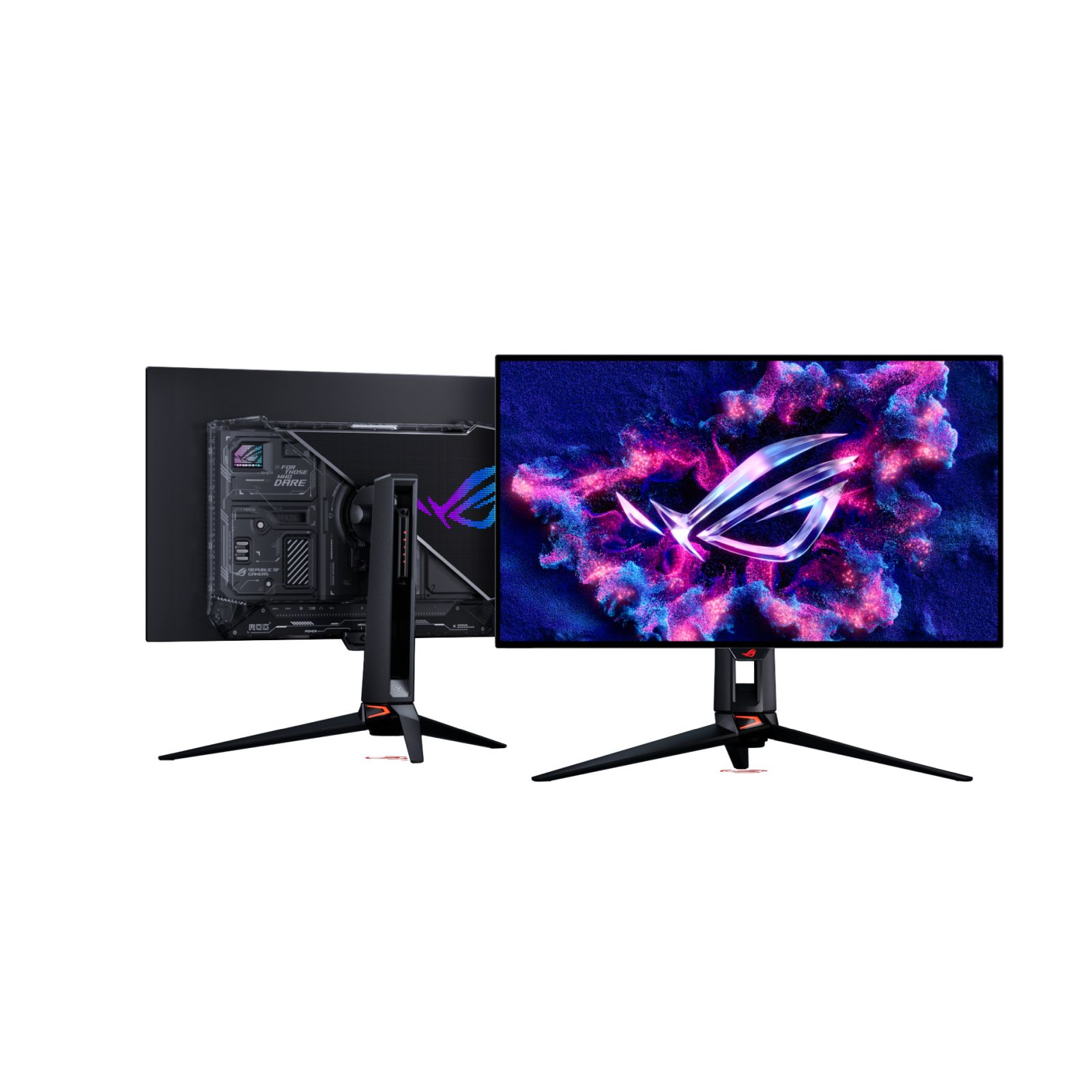 Due monitor da gioco neri con supporto a treppiede mostrano viste frontali e posteriori, con logo ROG colorato.