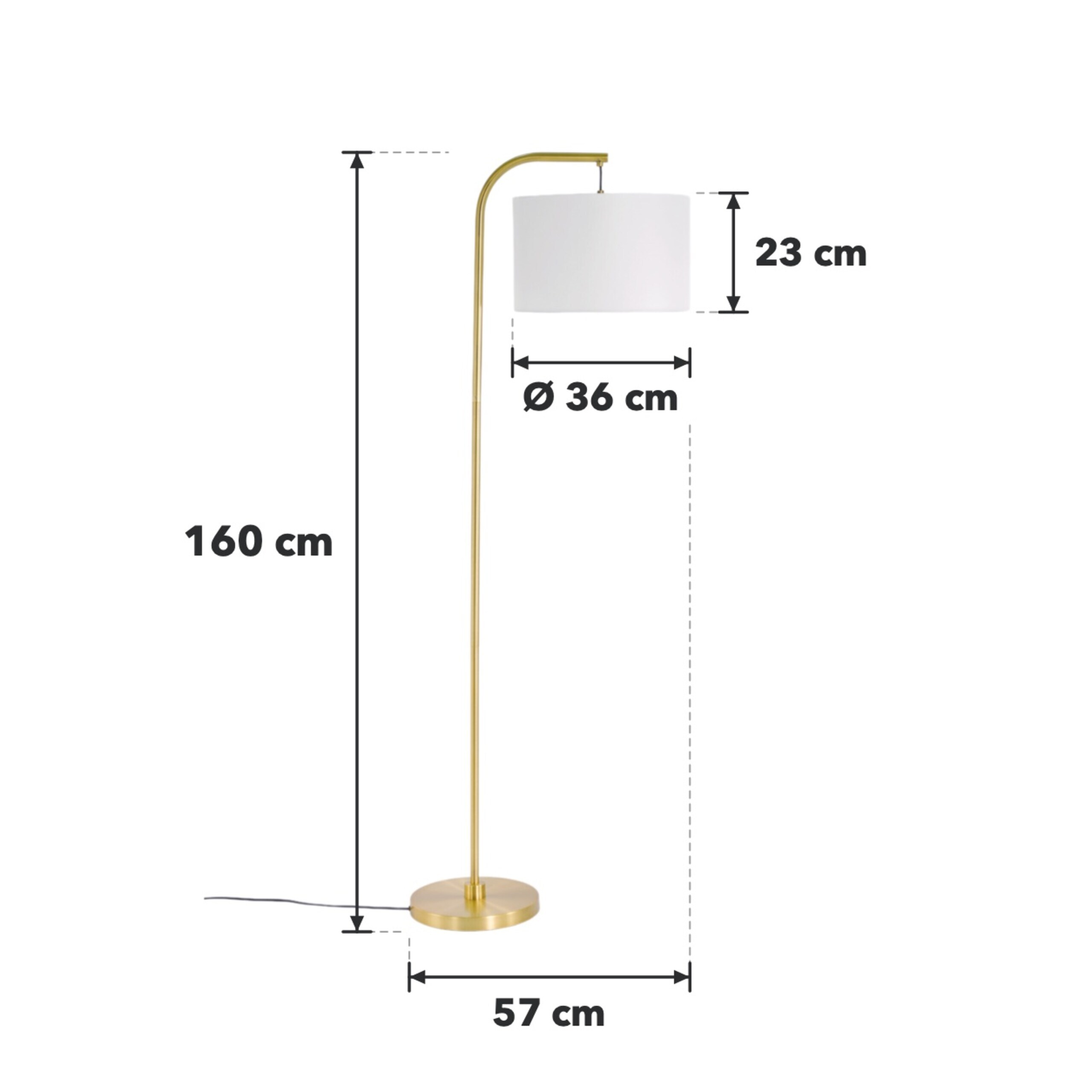 Technische Zeichnung einer goldenen Stehlampe mit weißem Schirm und Maßangaben.