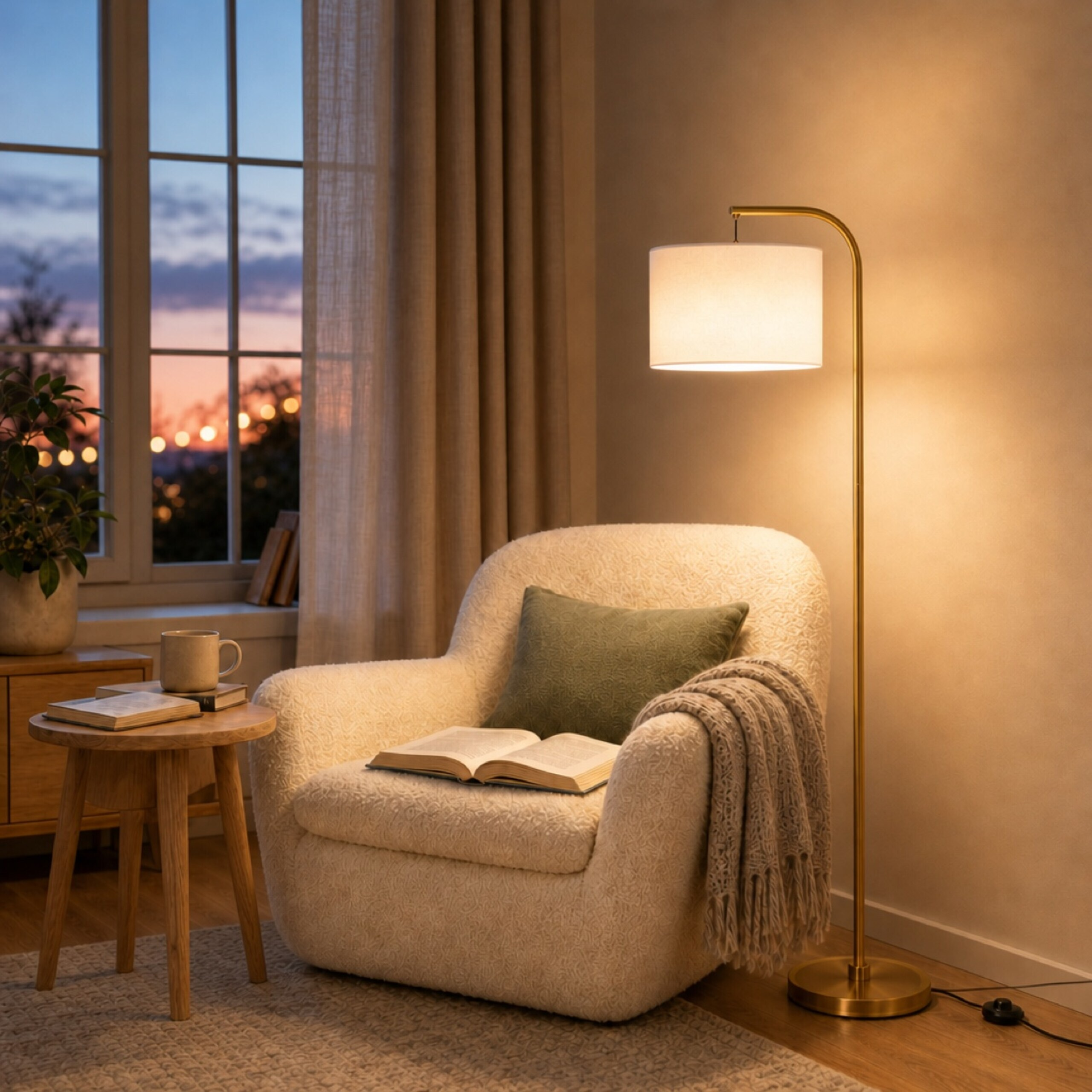 Gemütliches Zimmer mit weißem Sessel, offenem Buch, grünem Kissen, Stehlampe und Fenster mit Sonnenuntergang.