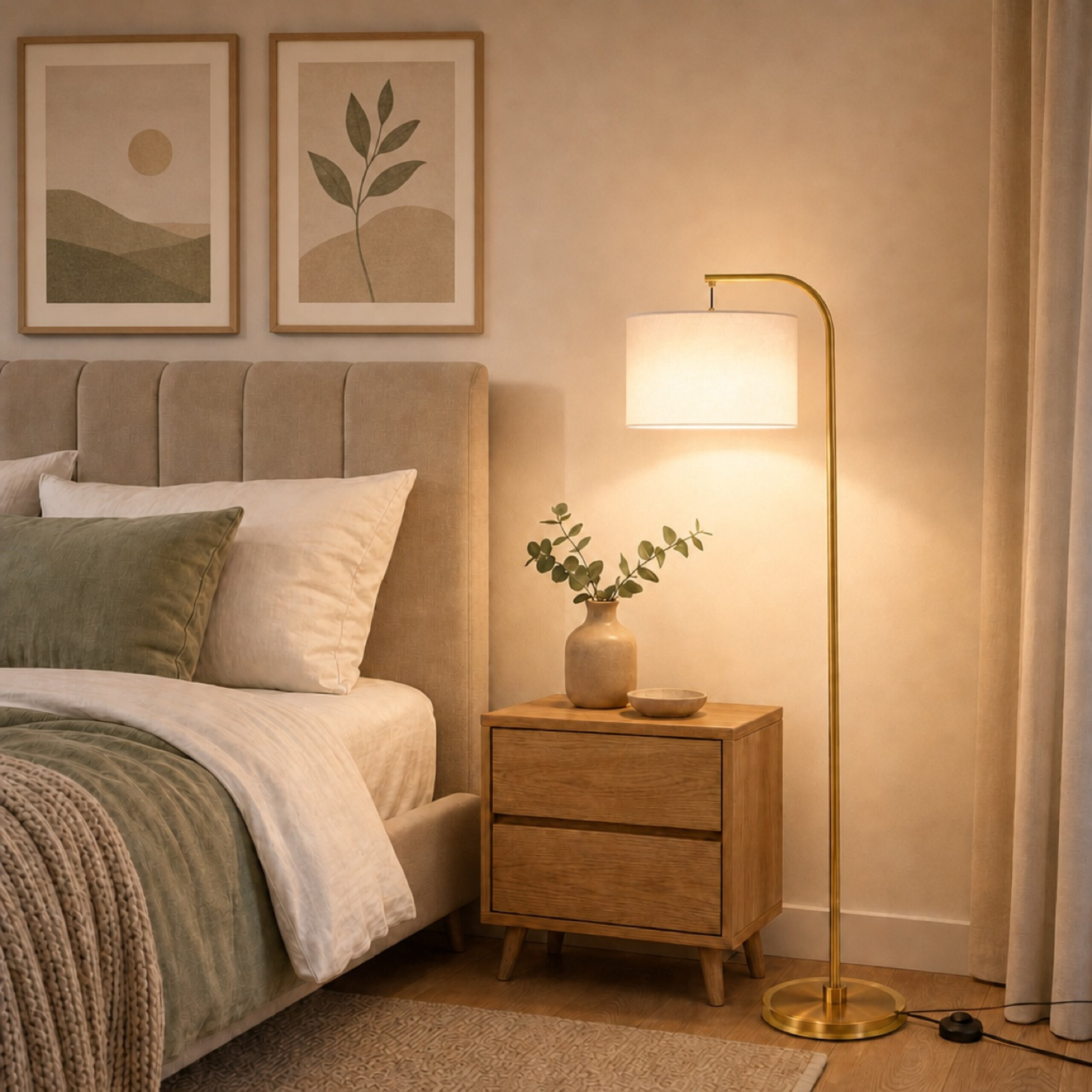 Gemütliches Schlafzimmer mit beigem Bett, Nachttisch, Vase mit Zweigen und einer goldenen Stehlampe.