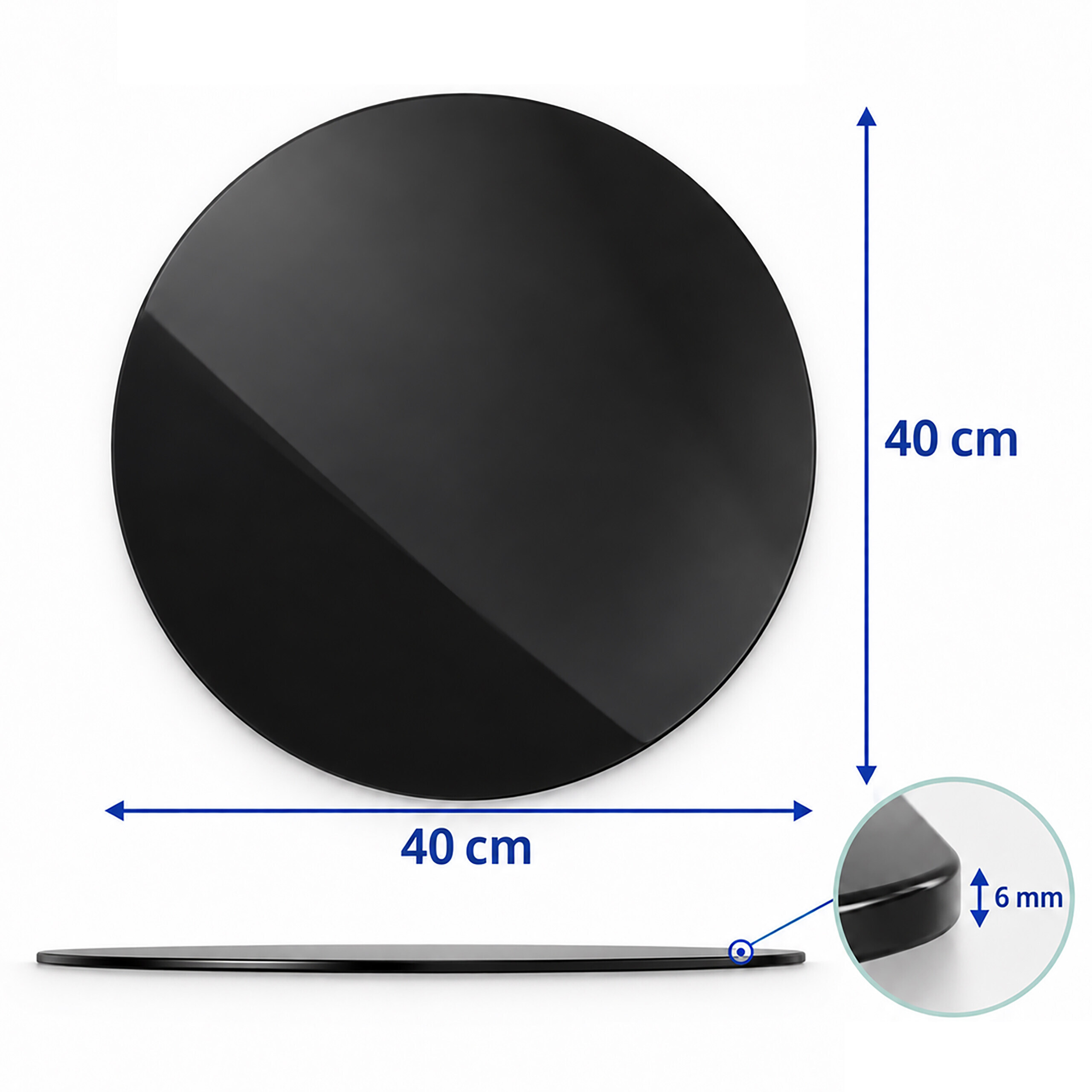Schwarze runde Glasplatte, Durchmesser 40 cm, Dicke 6 mm.