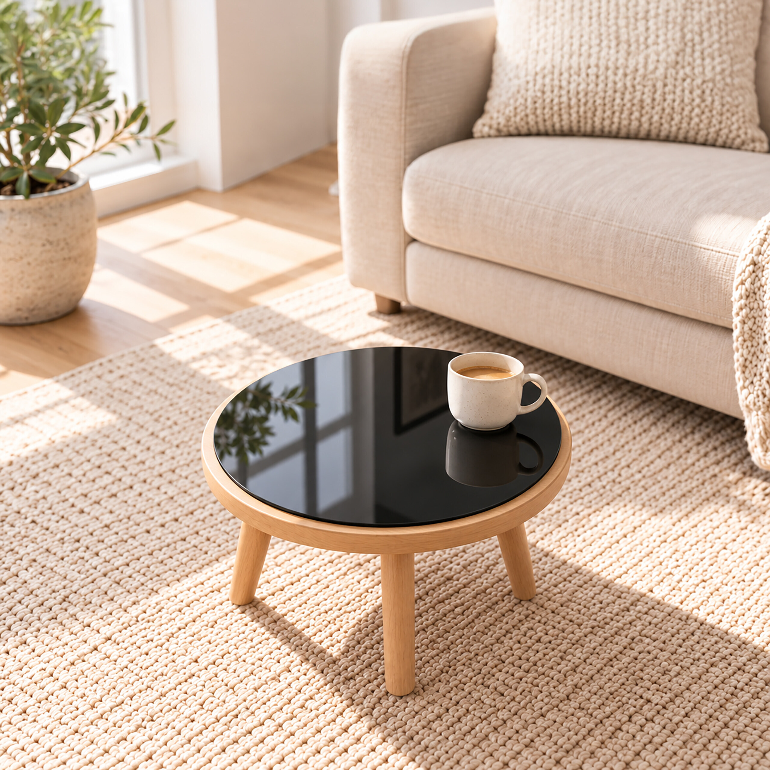 Ein runder Holztisch mit schwarzer Platte und Kaffeetasse steht auf einem Teppich neben einem Sofa.