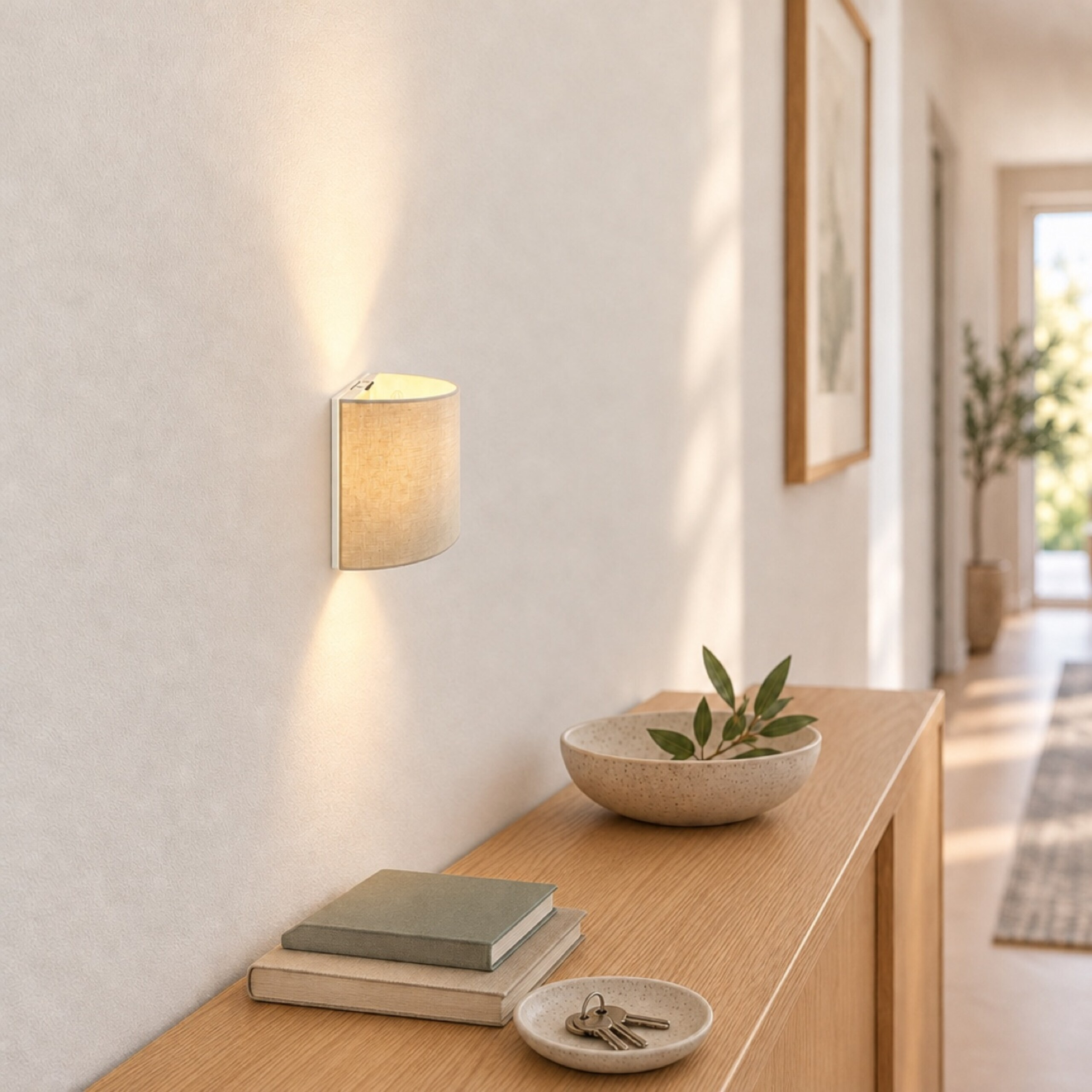Eine helle Flurwand mit einer beleuchteten Wandlampe, einer Holzanrichte, Büchern und Schlüsseln.