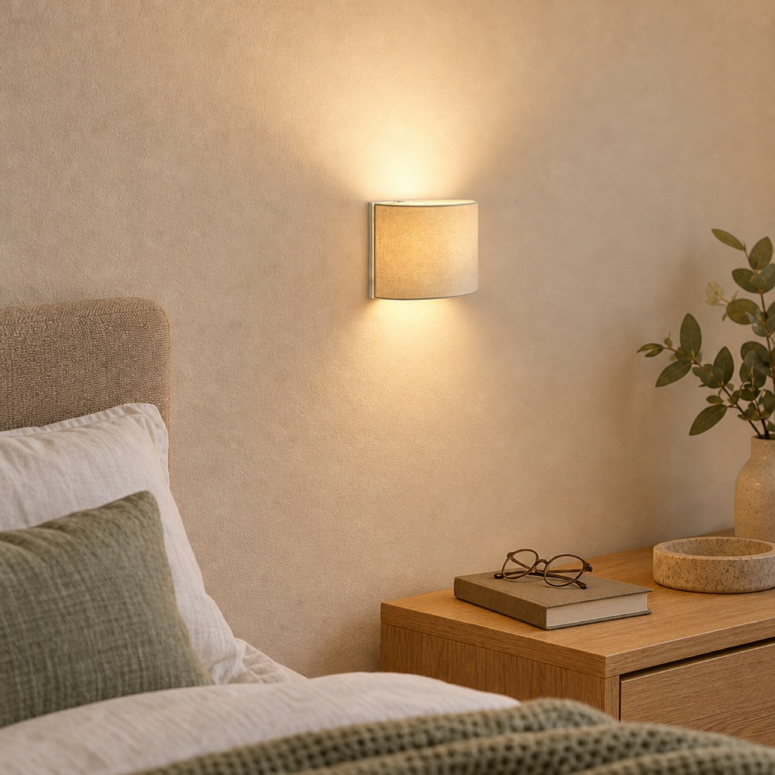 Warm beleuchtete Wandleuchte über Nachttisch mit Büchern, Brille und Pflanze.