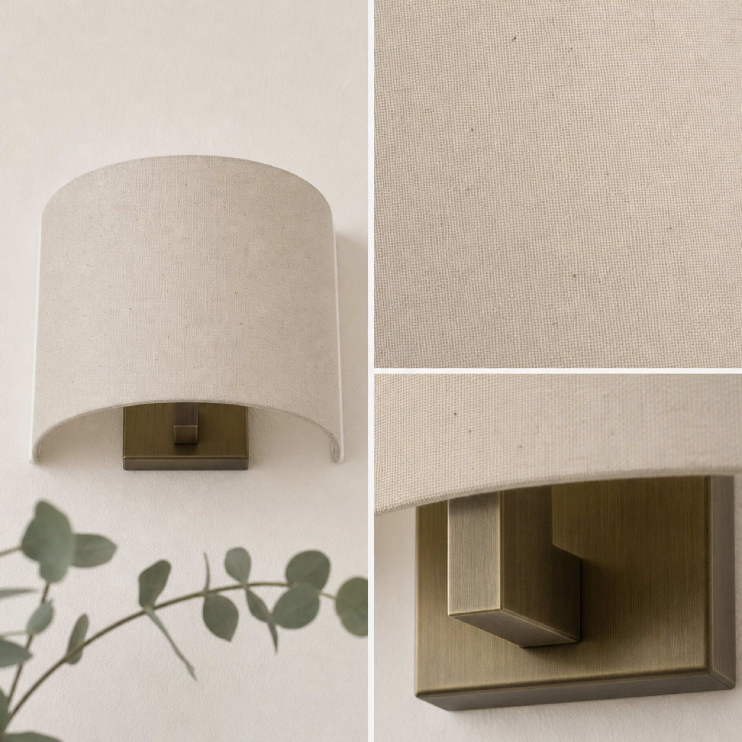 Wandleuchte mit beigem Stoffschirm und Messinghalterung, mit Details des Textils und der Halterung.
