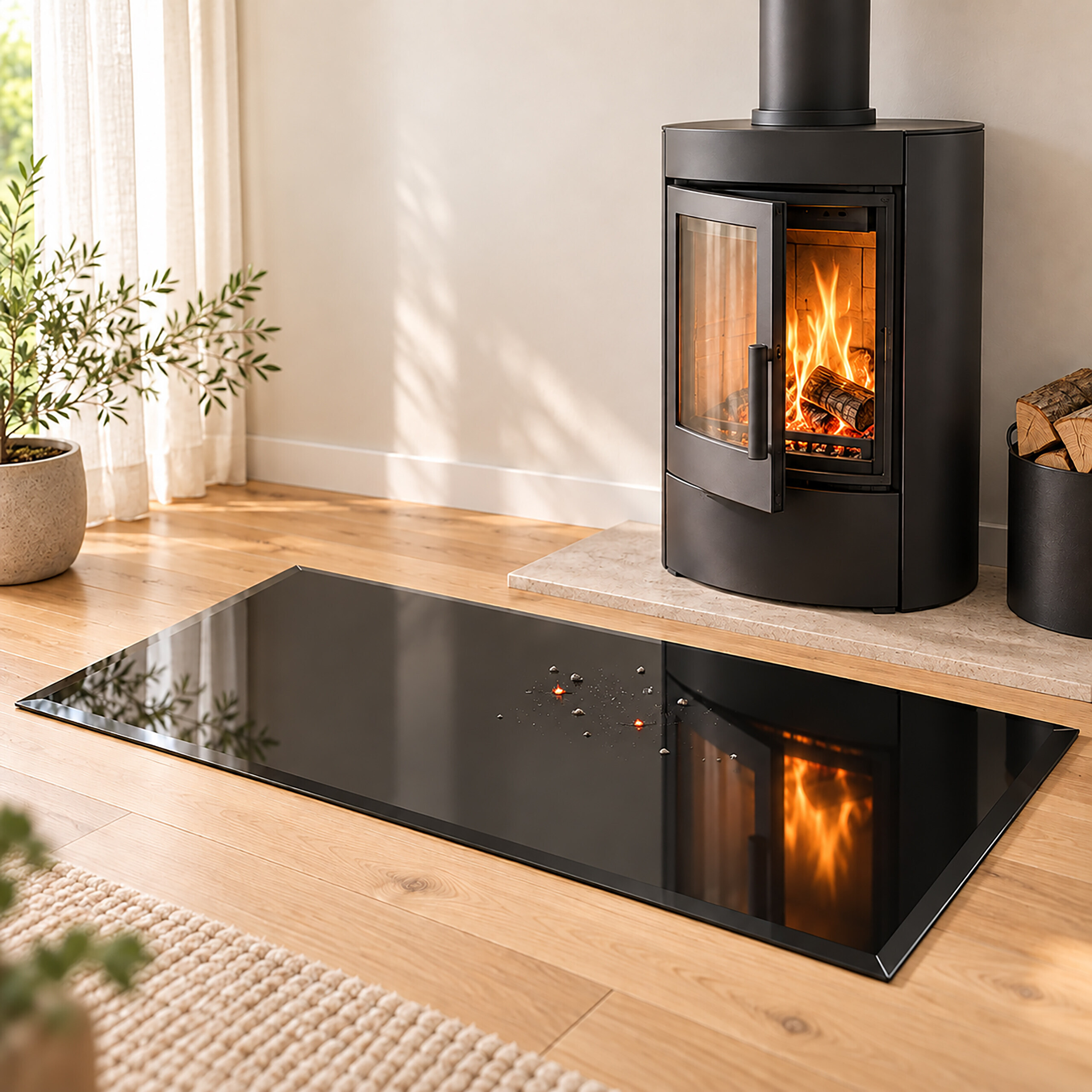 Ein schwarzer Kaminofen mit Flammen steht auf einem Steinpodest, mit einer Glasbodenplatte auf Holzfußboden.