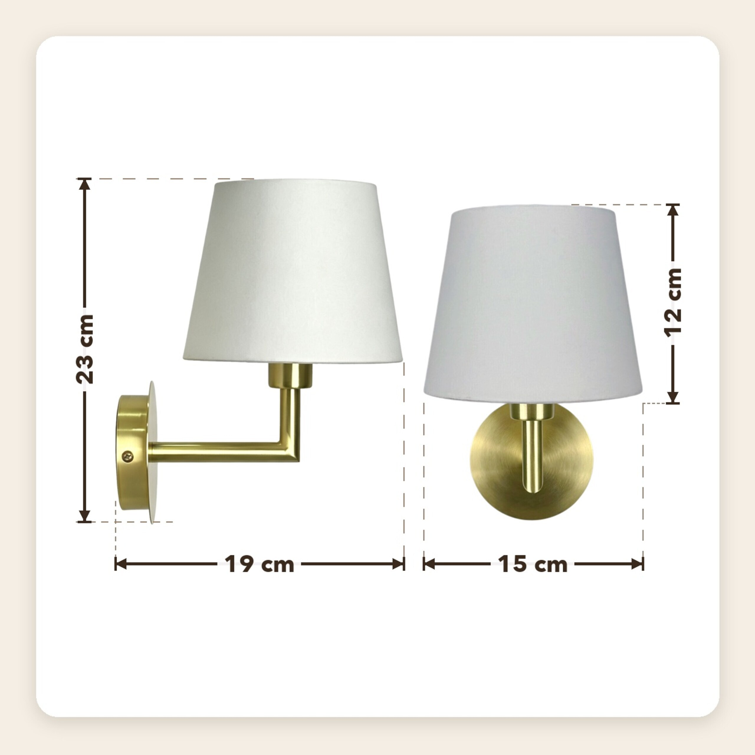 Technische Zeichnung einer goldenen Wandleuchte mit Maßen: 23 cm Höhe, 19 cm Ausladung, 15 cm Breite und 12 cm Schirm.