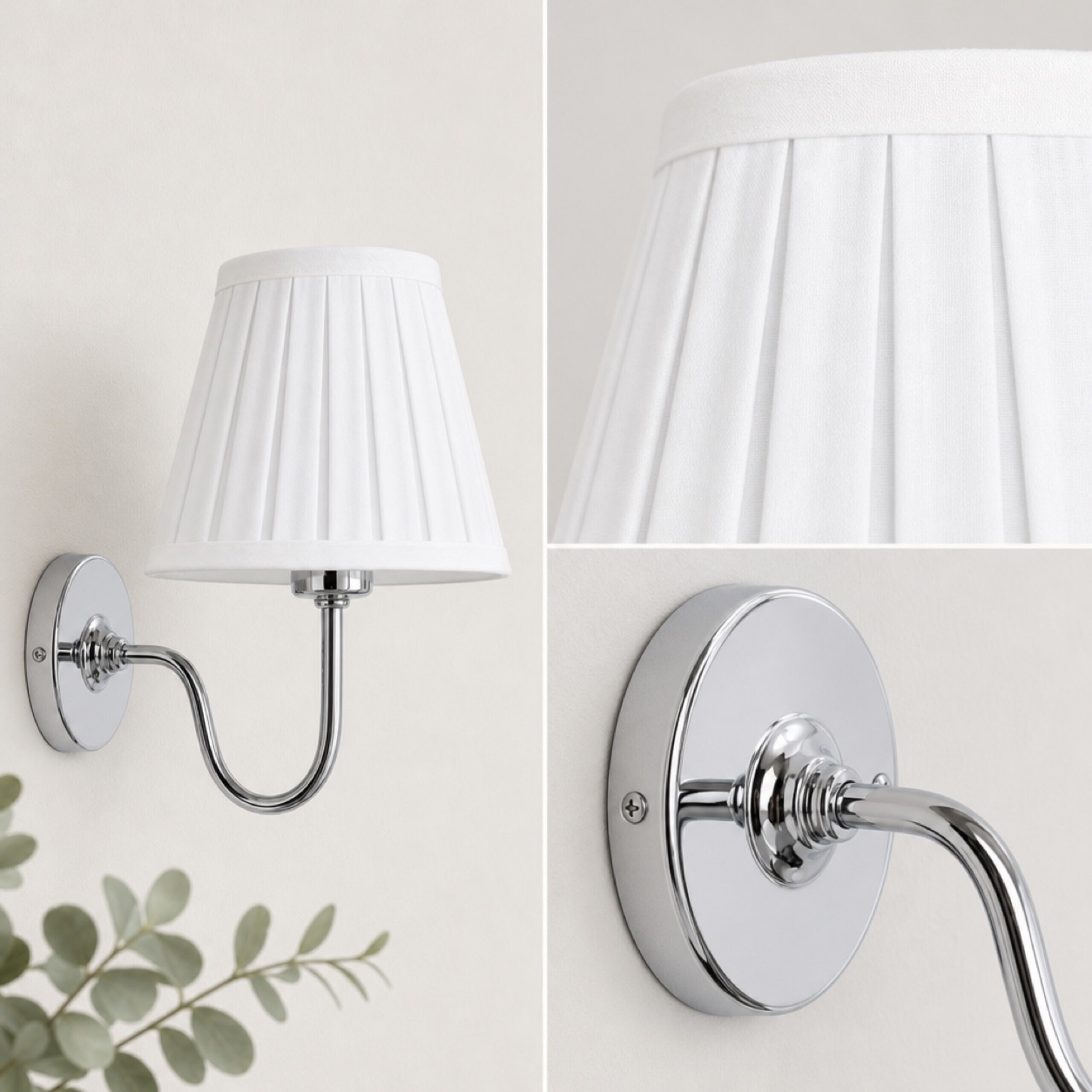 Eine weiße Wandlampe mit Chromarm und plissiertem Schirm, dazu Detailaufnahmen.