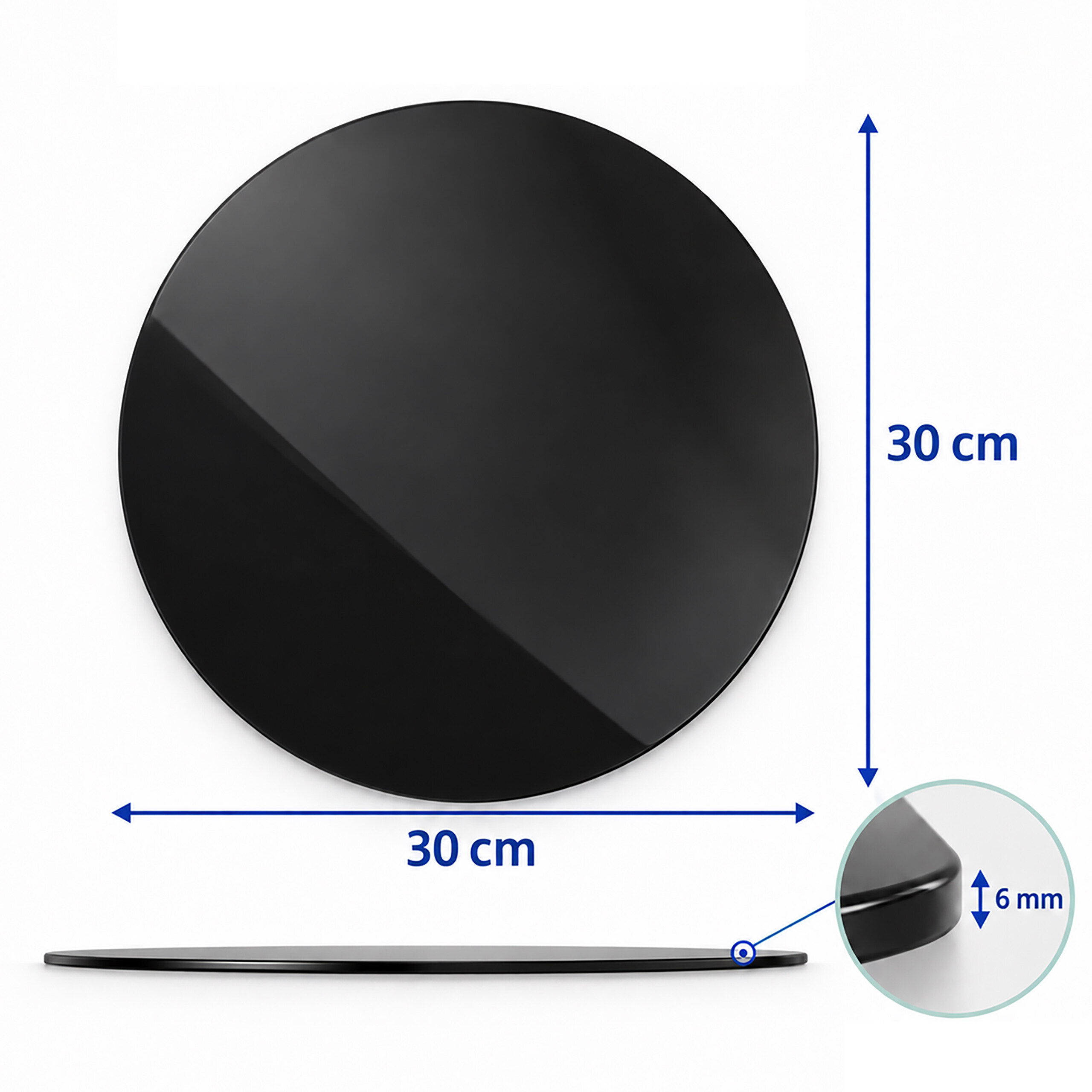 Schwarze runde Platte mit 30 cm Durchmesser und 6 mm Dicke.