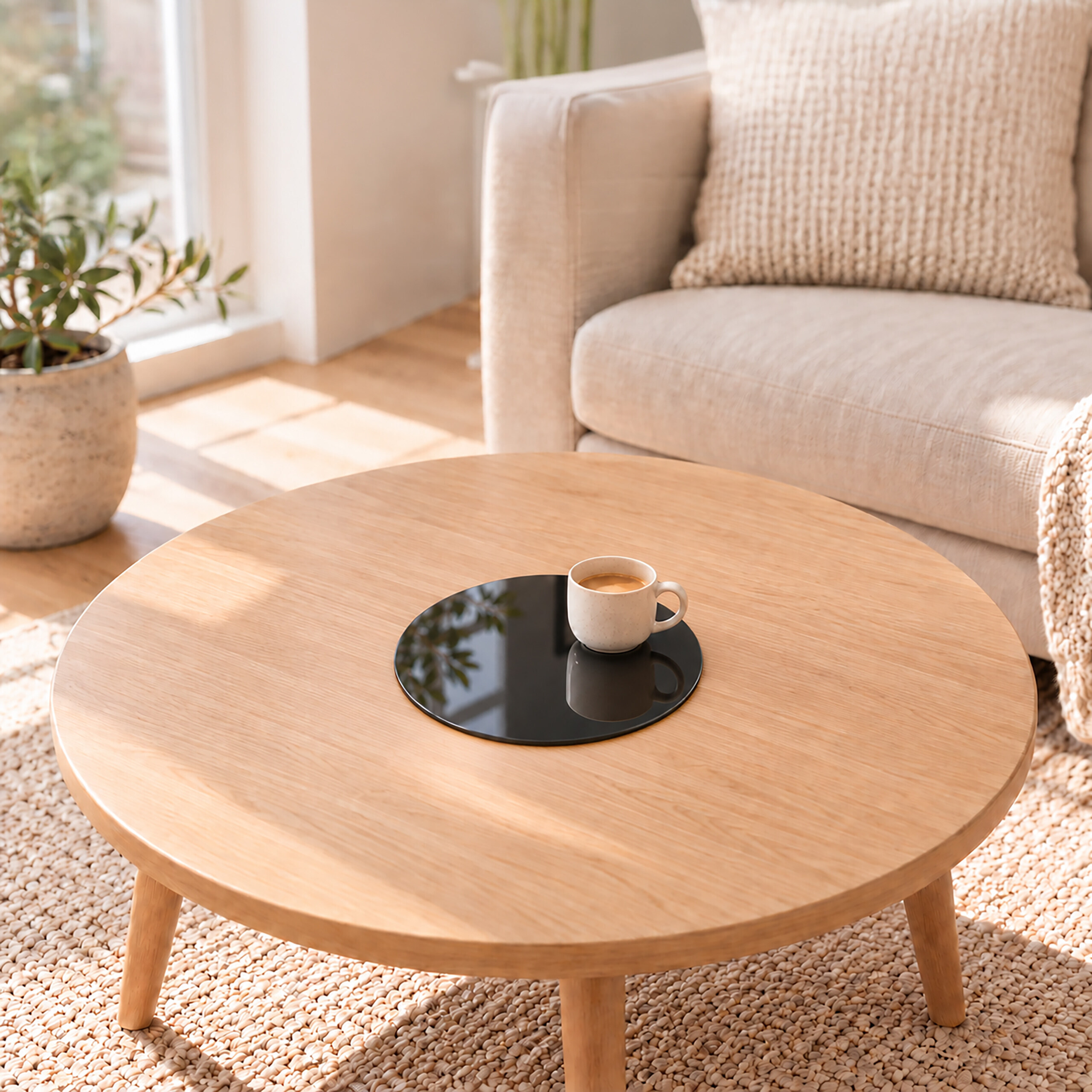 Eine Kaffeetasse auf einem schwarzen Glastablett auf einem runden Holztisch in einem hellen Wohnzimmer.