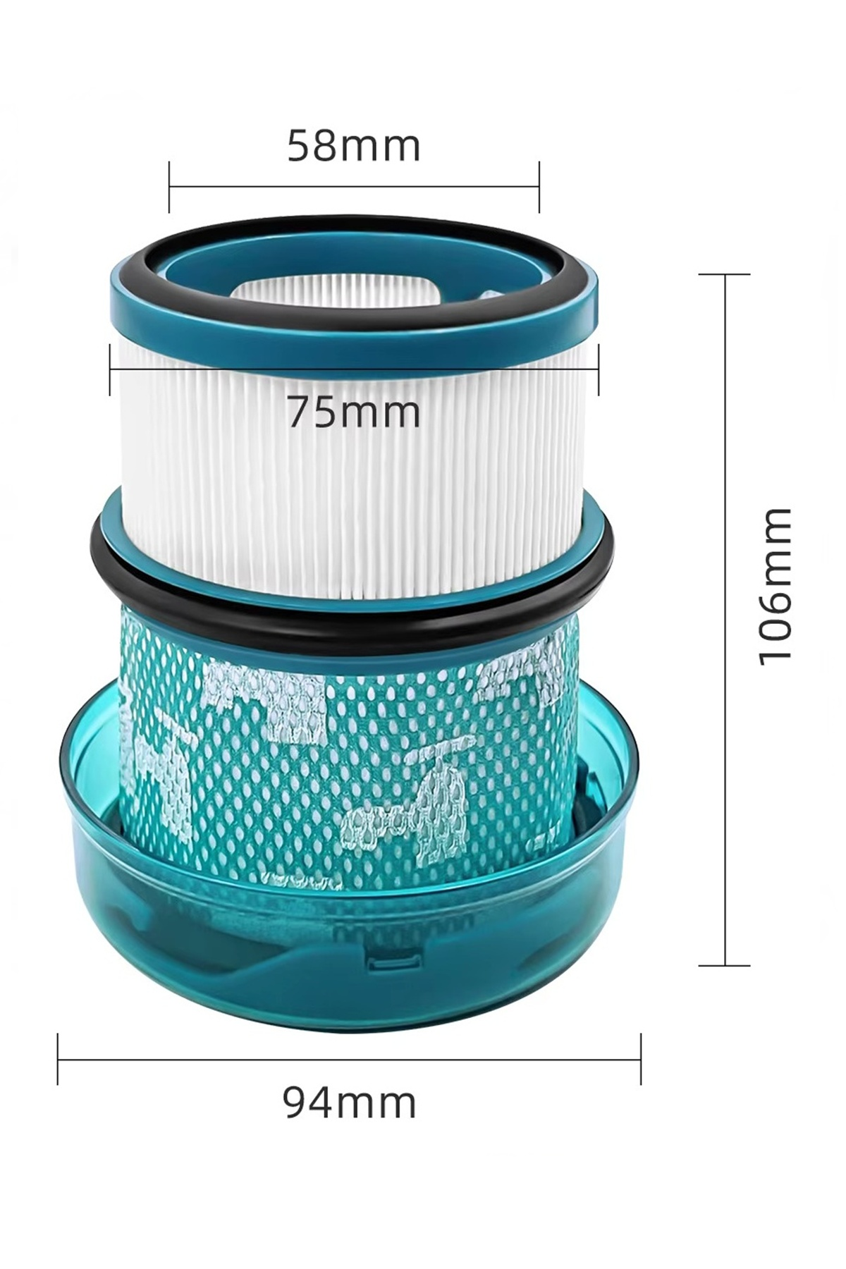 58mm, 75mm, 94mm ve 106mm ölçü çizgilerine sahip silindirik mavi ve beyaz elektrikli süpürge filtresi.