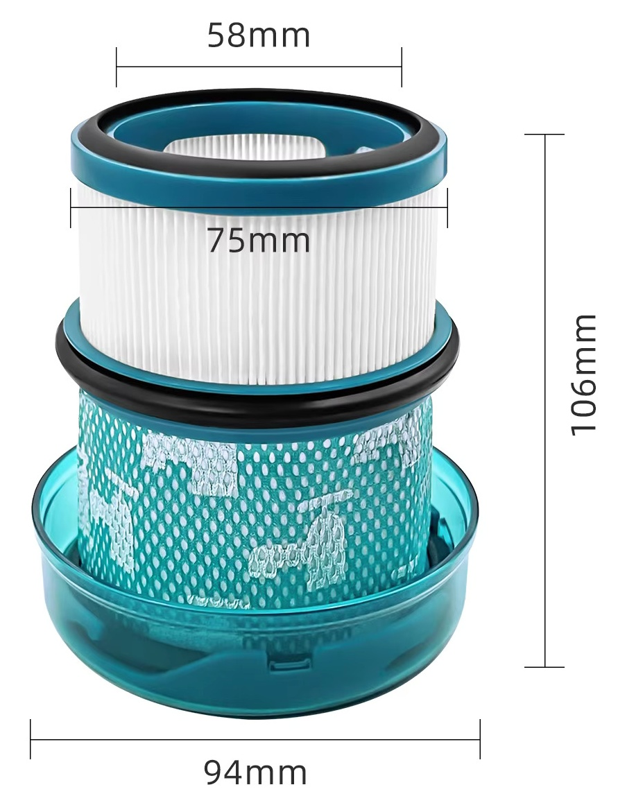 Üzerinde 58 mm, 75 mm, 106 mm ve 94 mm ölçüleri belirtilen silindirik turkuaz ve beyaz süpürge filtresi.
