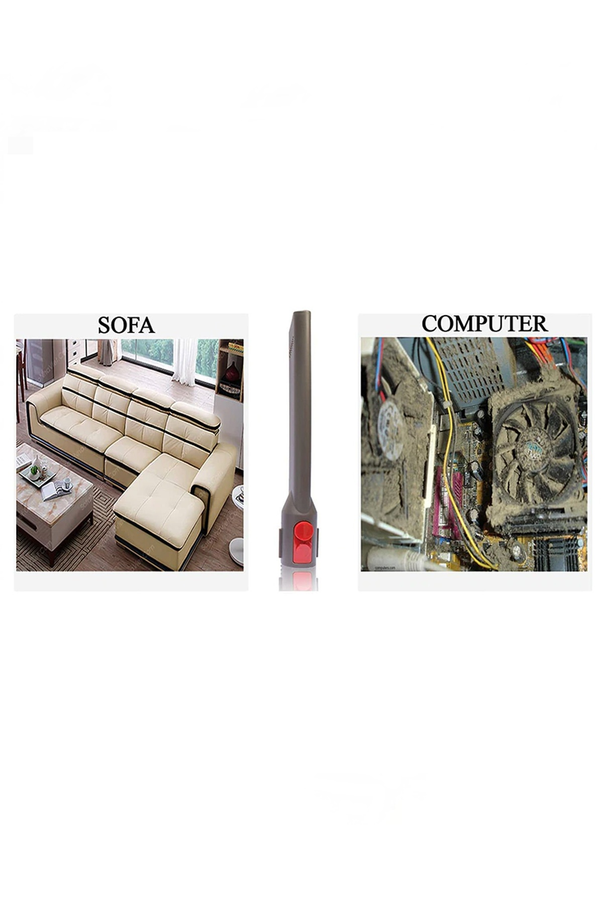 Temiz bir kanepe ile tozlu bir bilgisayar arasında elektrik süpürgesi aparatı.